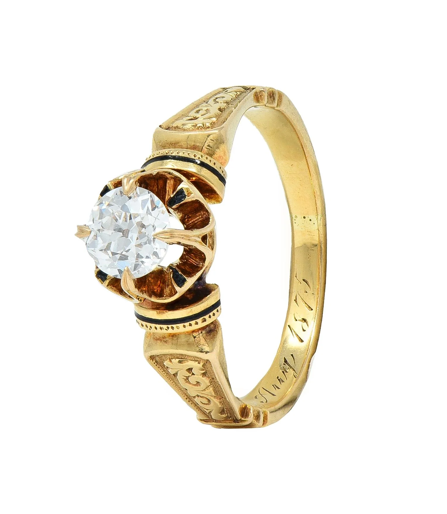 Victorian 1875 0.48 CTW Old European Cut Diamond Enamel 18 Karat Yellow Gold Antique Engagement Ring - Image 11