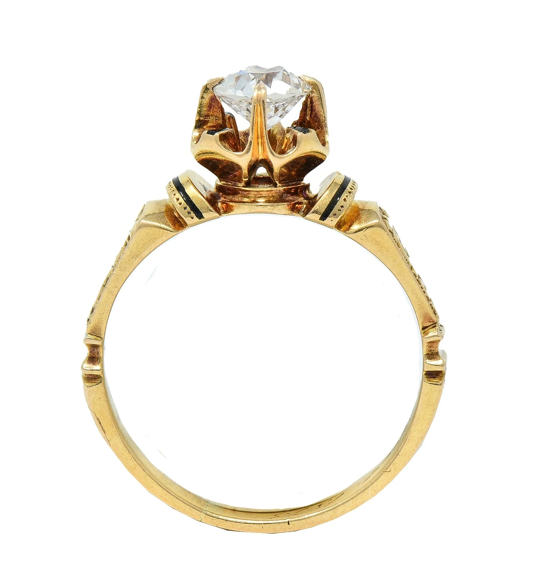 Victorian 1875 0.48 CTW Old European Cut Diamond Enamel 18 Karat Yellow Gold Antique Engagement Ring - Image 12