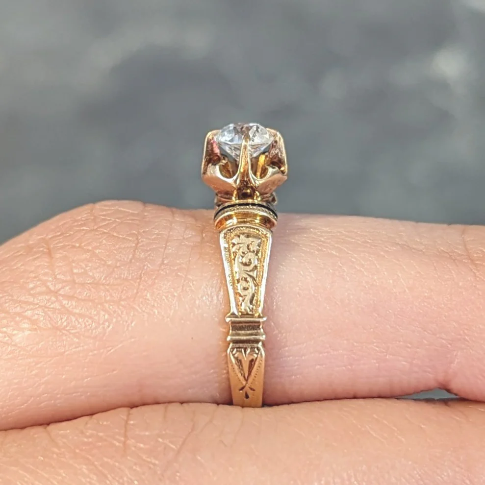 Victorian 1875 0.48 CTW Old European Cut Diamond Enamel 18 Karat Yellow Gold Antique Engagement Ring - Image 17