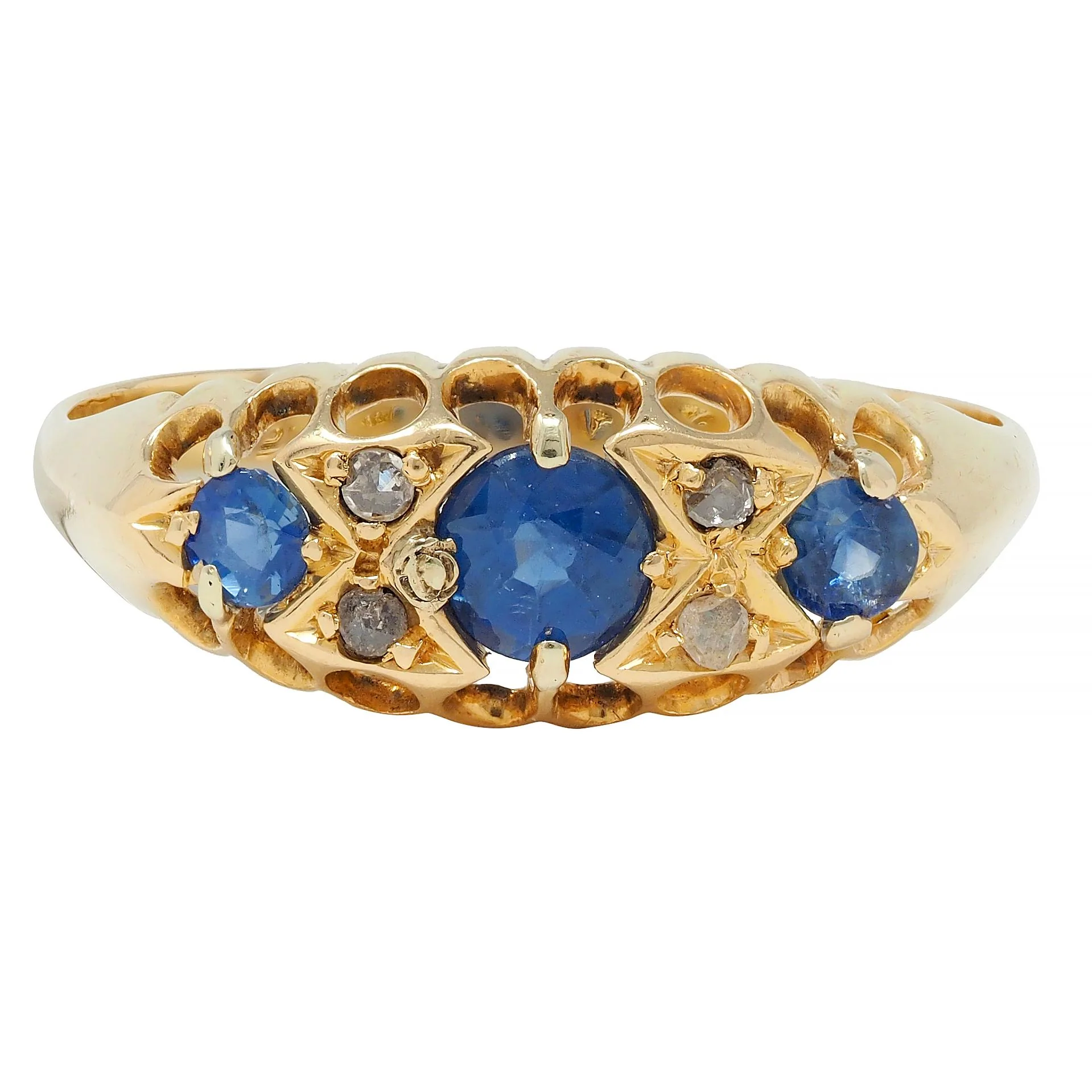 Victorian 1890 Sapphire Diamond 18 Karat Yellow Gold Antique Three Stone Belcher Band Ring