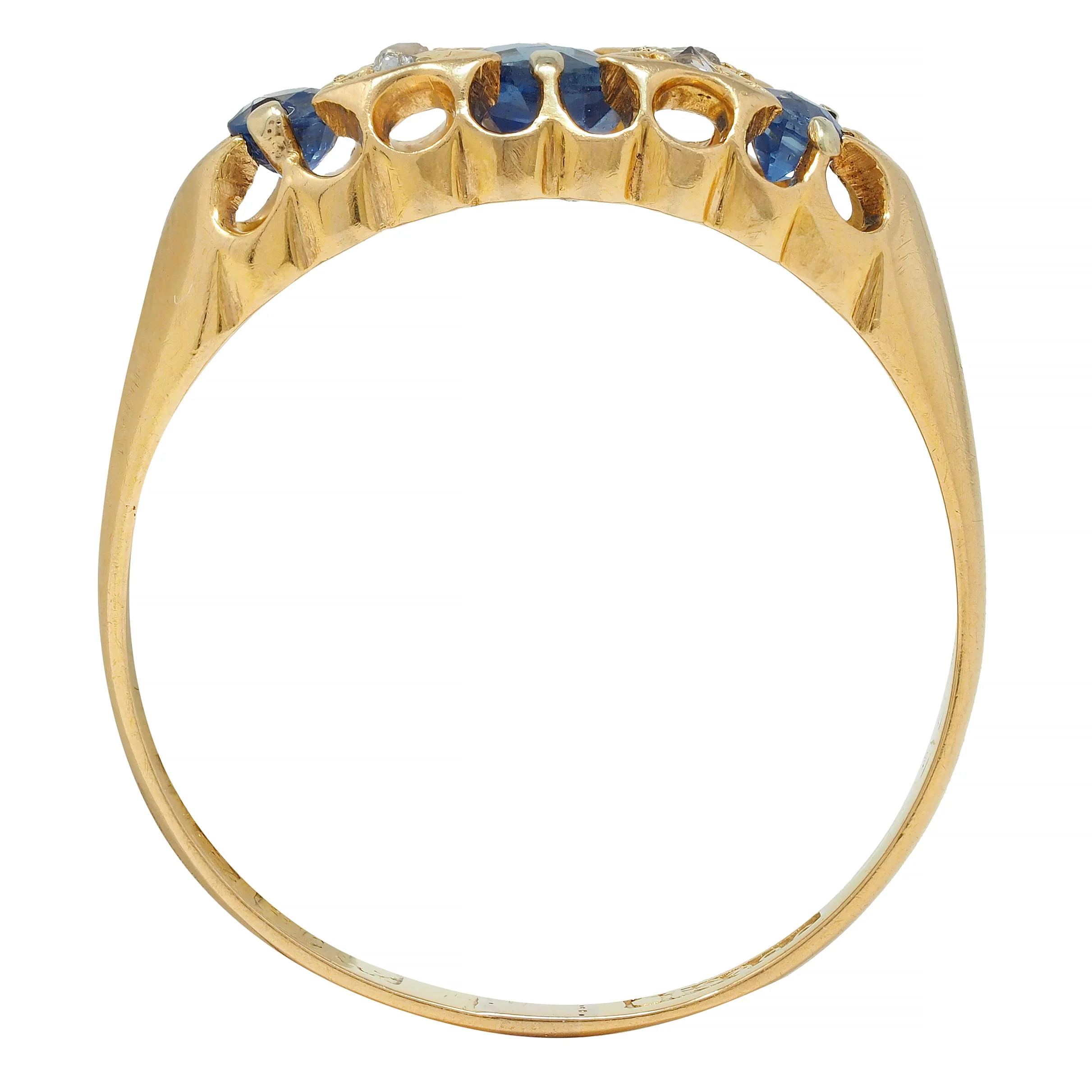 Victorian 1890 Sapphire Diamond 18 Karat Yellow Gold Antique Three Stone Belcher Band Ring - Image 10