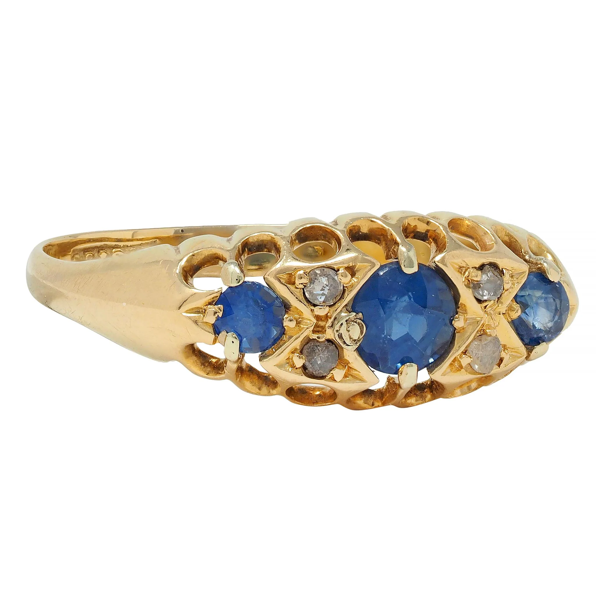 Victorian 1890 Sapphire Diamond 18 Karat Yellow Gold Antique Three Stone Belcher Band Ring - Image 3
