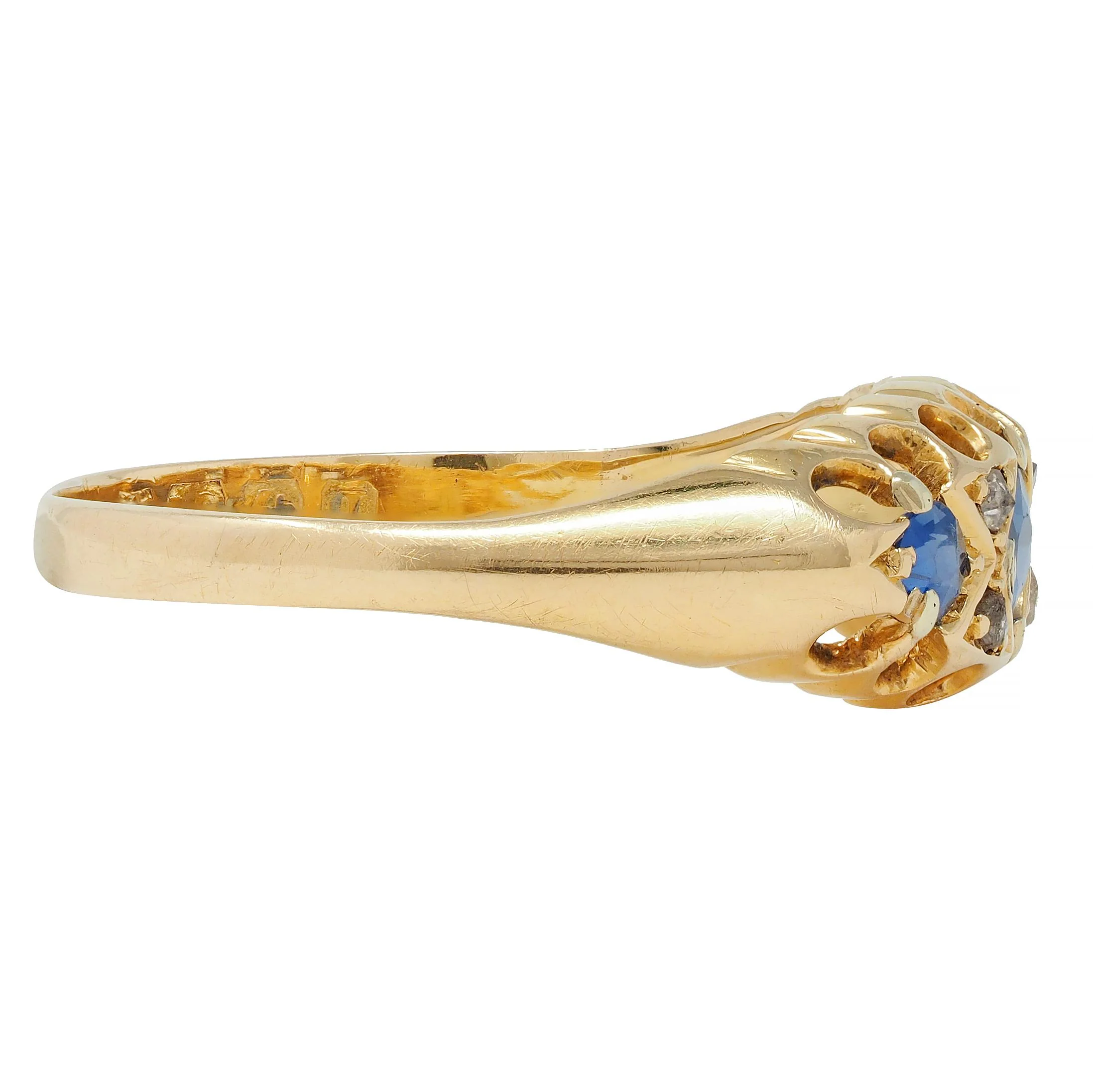 Victorian 1890 Sapphire Diamond 18 Karat Yellow Gold Antique Three Stone Belcher Band Ring - Image 4