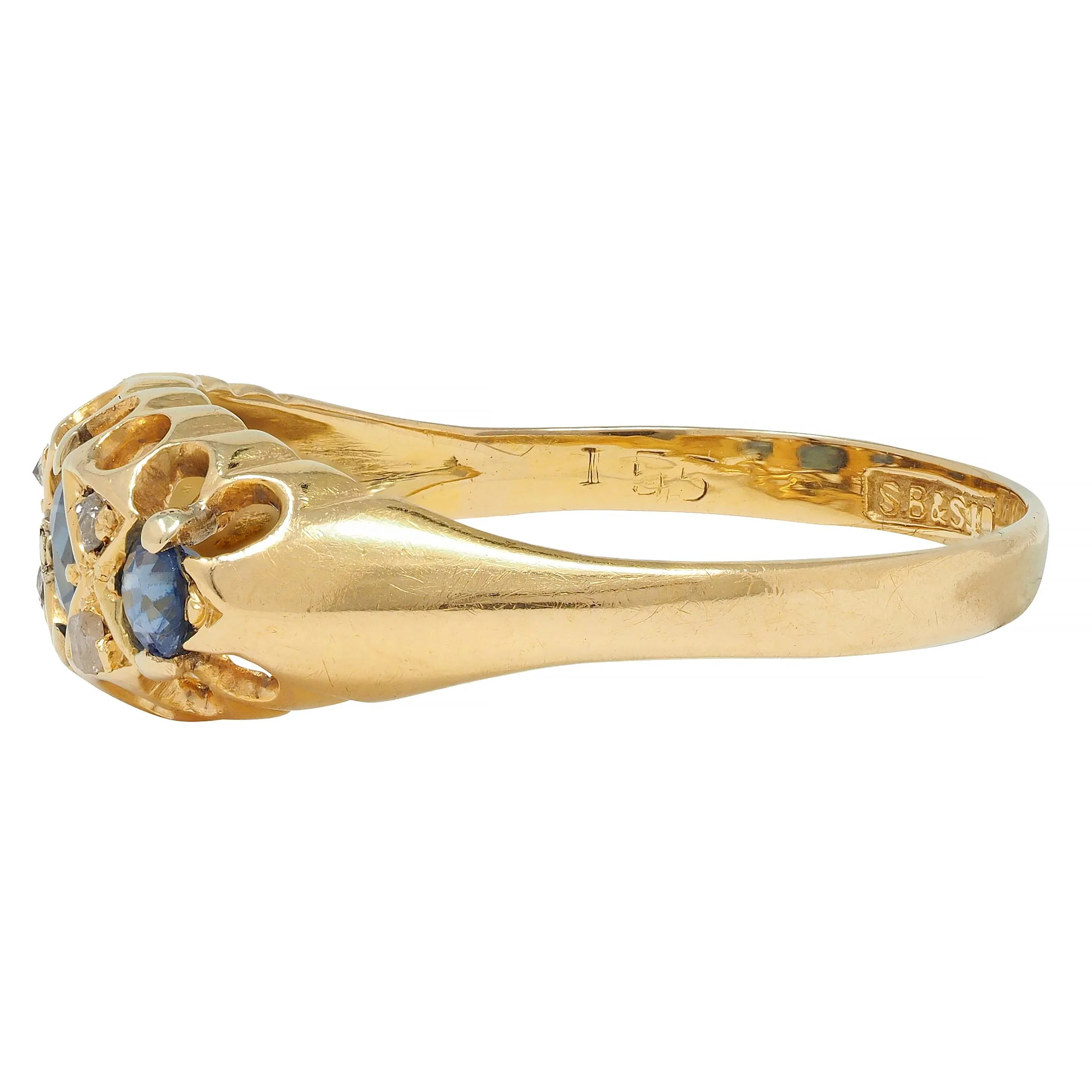 Victorian 1890 Sapphire Diamond 18 Karat Yellow Gold Antique Three Stone Belcher Band Ring - Image 6
