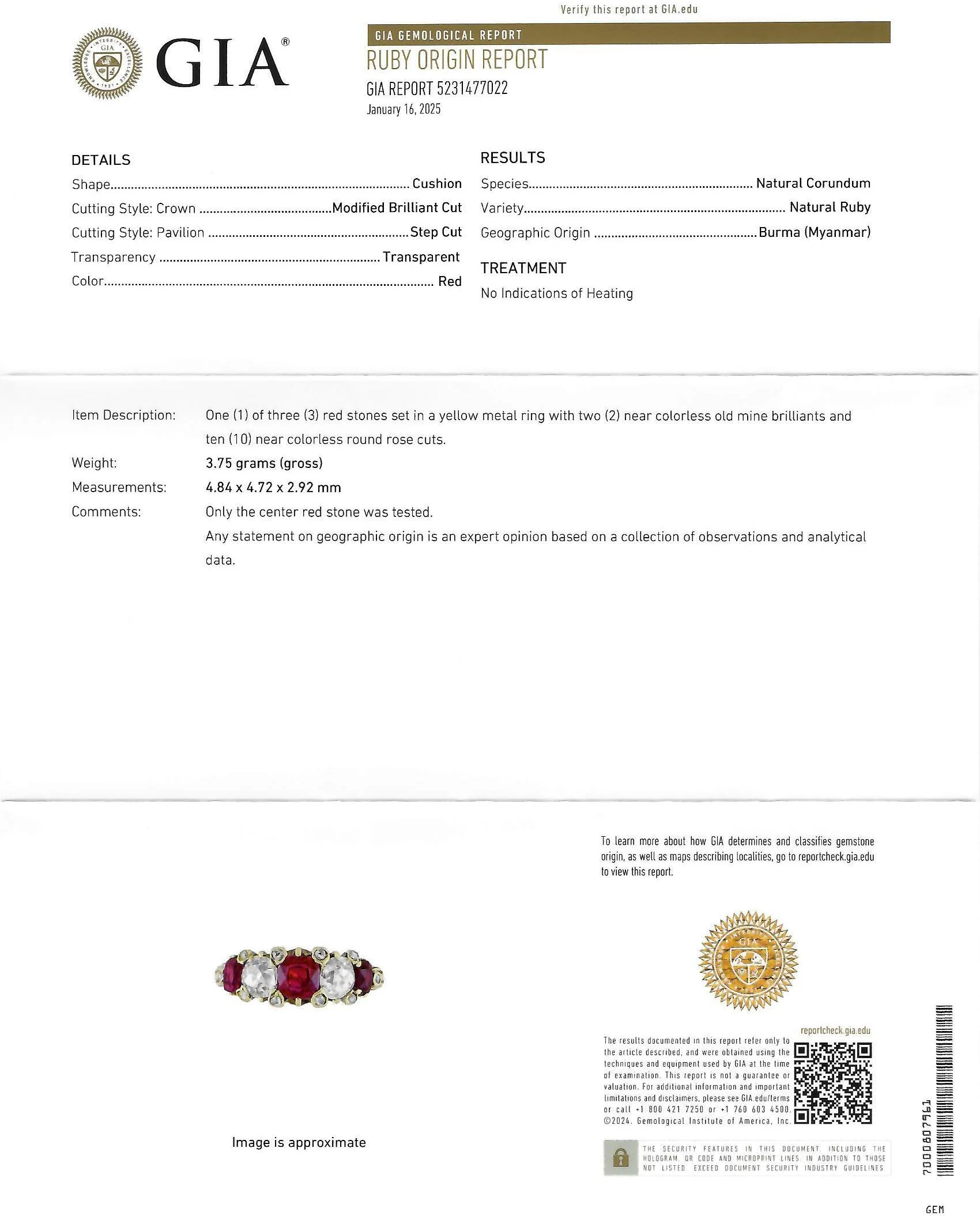 Victorian 2.02 CTW No Heat Burma Ruby Old Mine Cut Diamond 18 Karat Yellow Gold Band Ring GIA - Image 10