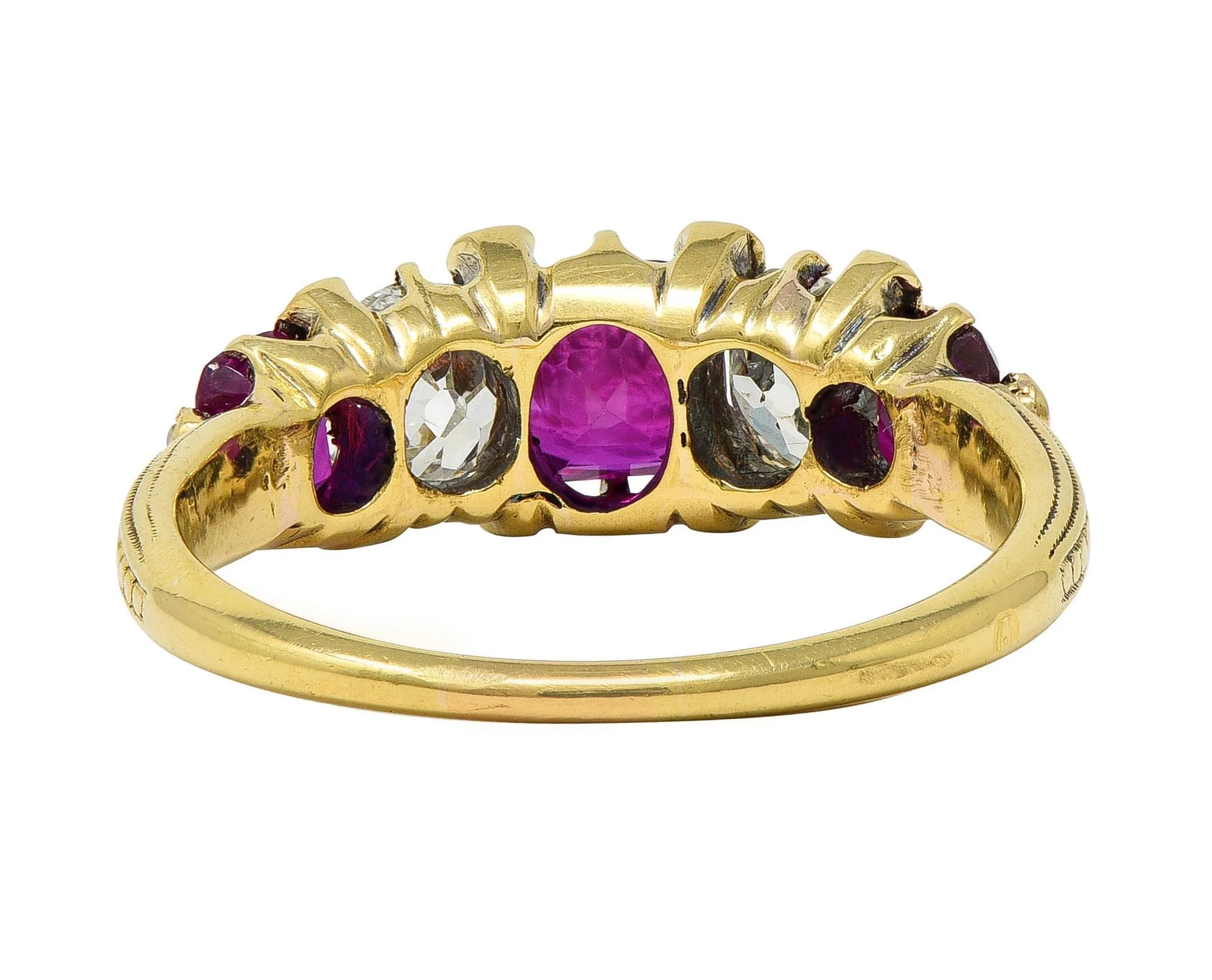Victorian 2.02 CTW No Heat Burma Ruby Old Mine Cut Diamond 18 Karat Yellow Gold Band Ring GIA - Image 3