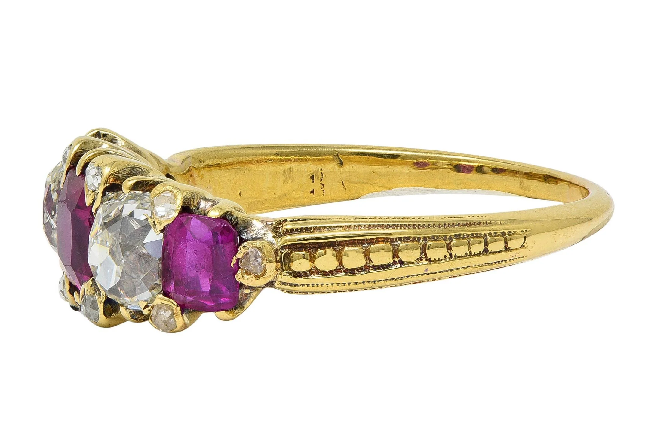 Victorian 2.02 CTW No Heat Burma Ruby Old Mine Cut Diamond 18 Karat Yellow Gold Band Ring GIA - Image 4