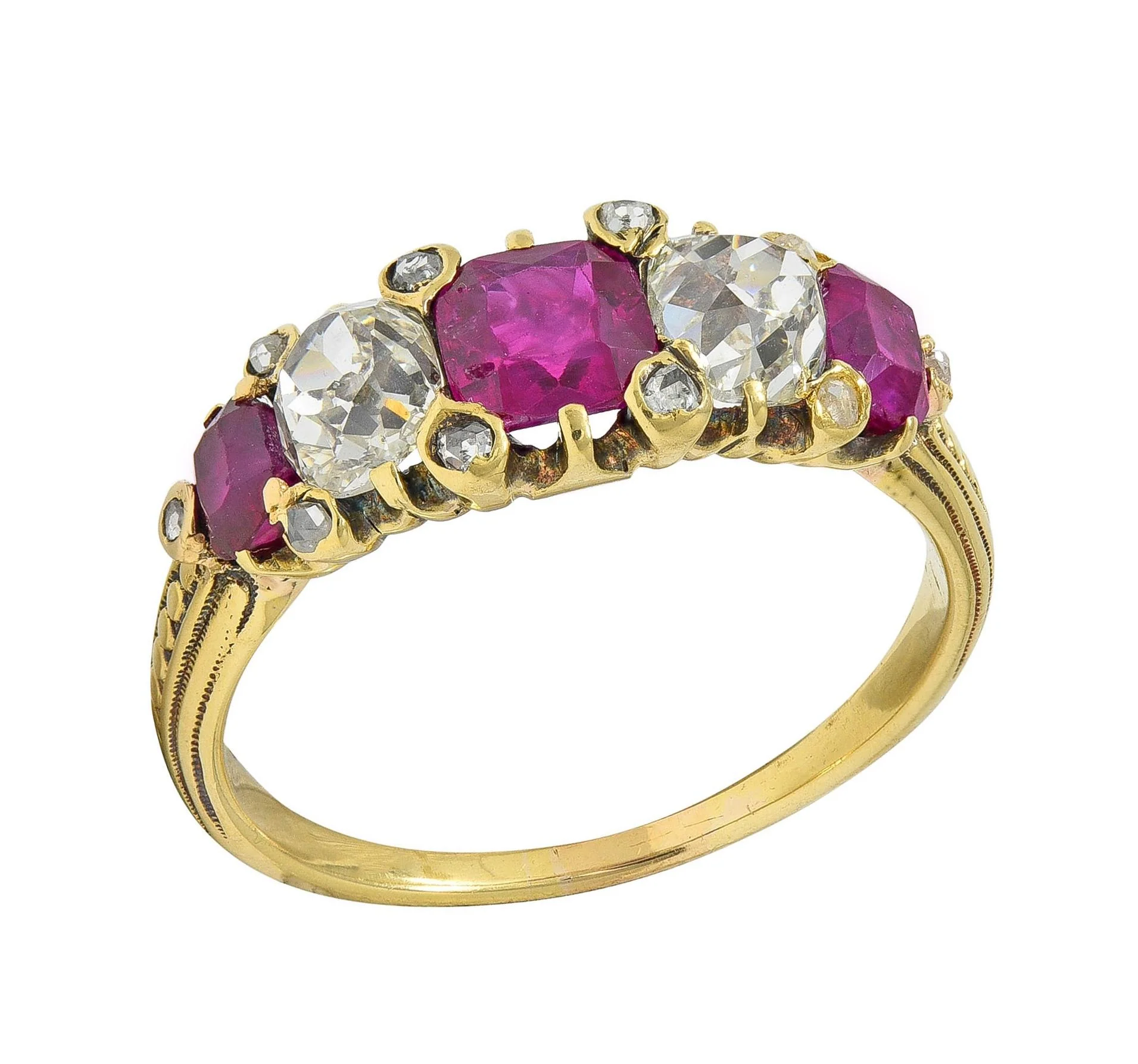 Victorian 2.02 CTW No Heat Burma Ruby Old Mine Cut Diamond 18 Karat Yellow Gold Band Ring GIA - Image 5