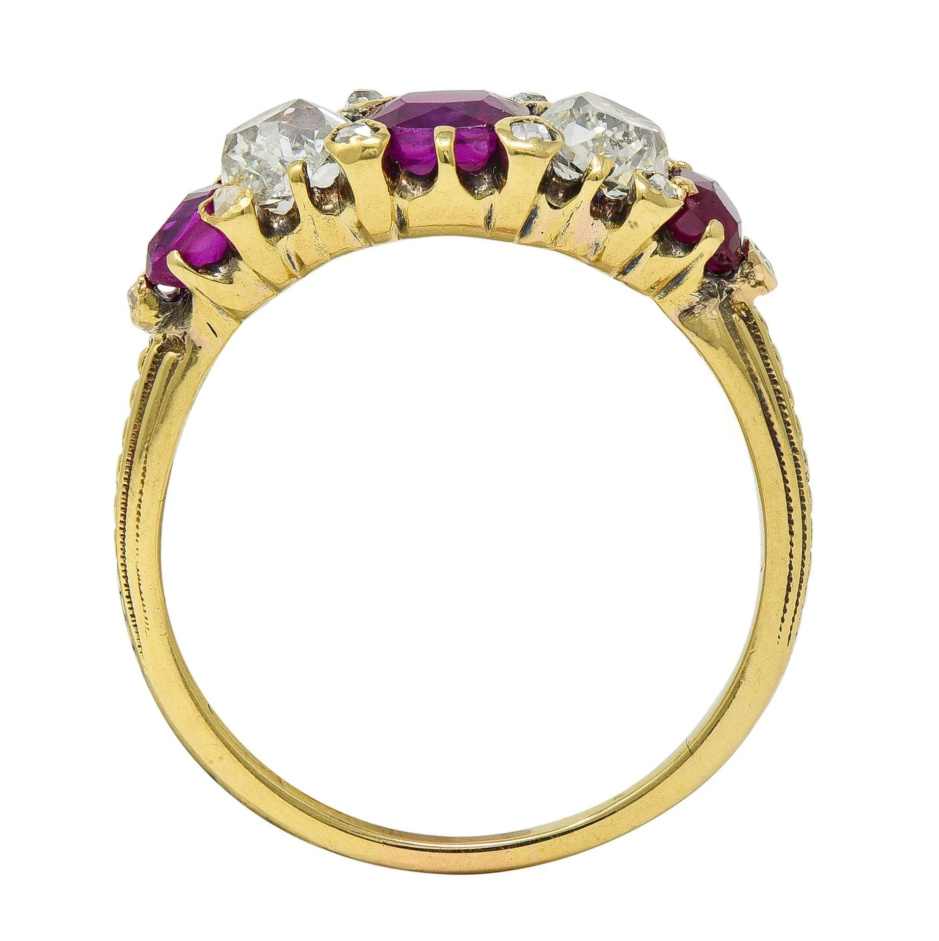 Victorian 2.02 CTW No Heat Burma Ruby Old Mine Cut Diamond 18 Karat Yellow Gold Band Ring GIA - Image 6
