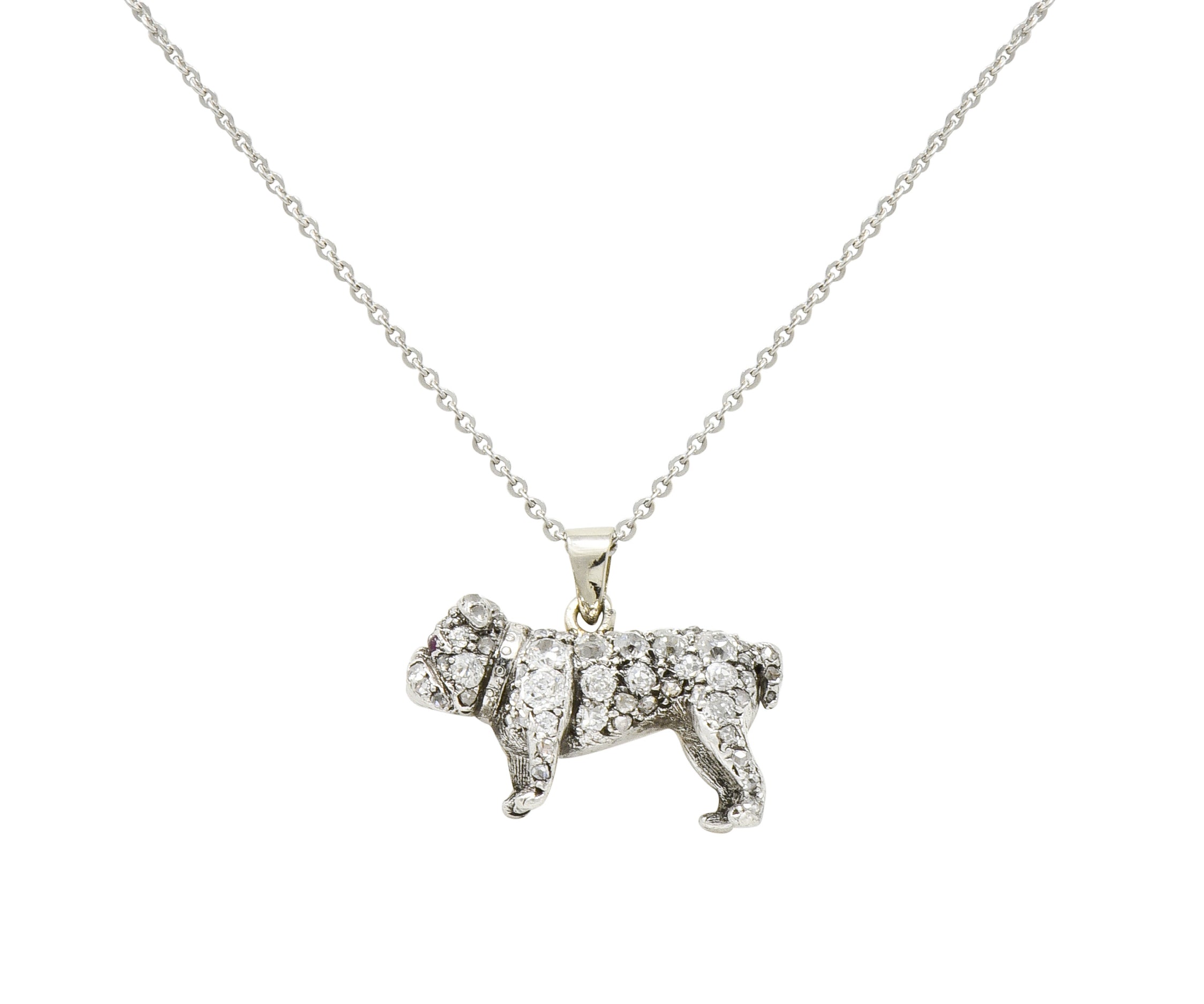 Victorian 2.10 CTW Pave Diamond Silver-Topped Gold Bulldog Pendant Necklace