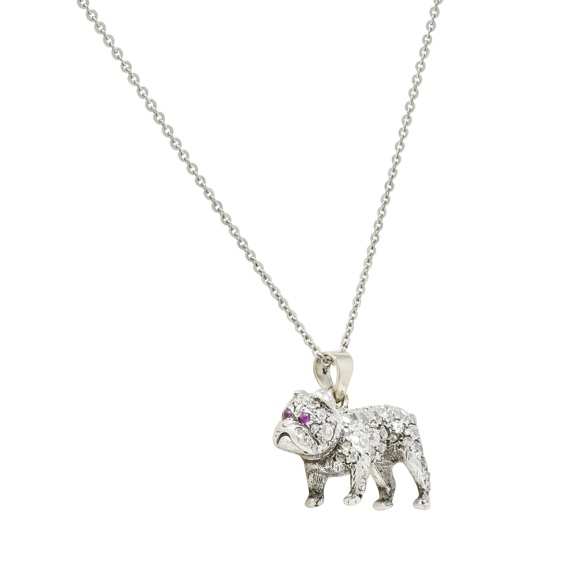 Victorian 2.10 CTW Pave Diamond Silver-Topped Gold Bulldog Pendant Necklace - Image 3