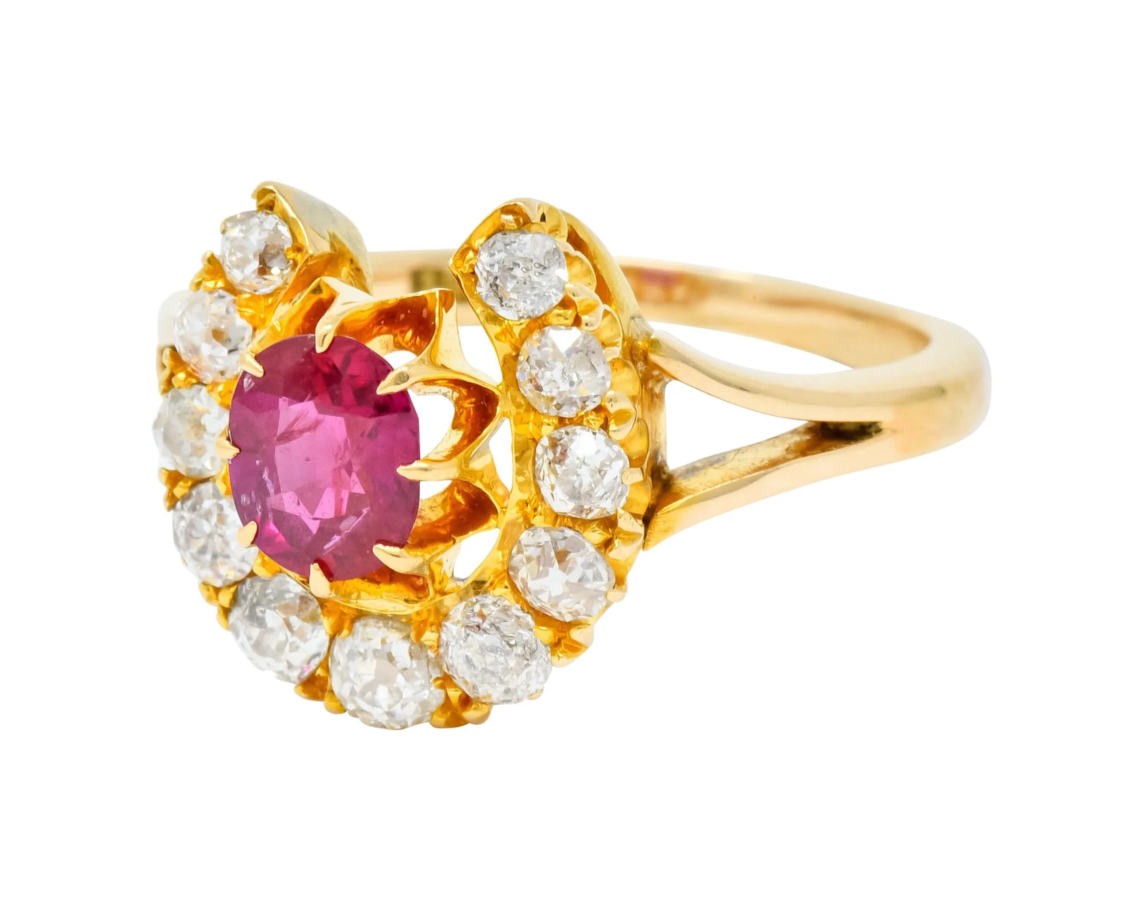 Victorian 2.10 CTW Ruby Diamond 15 Karat Gold Horseshoe Cluster Ring - Image 6