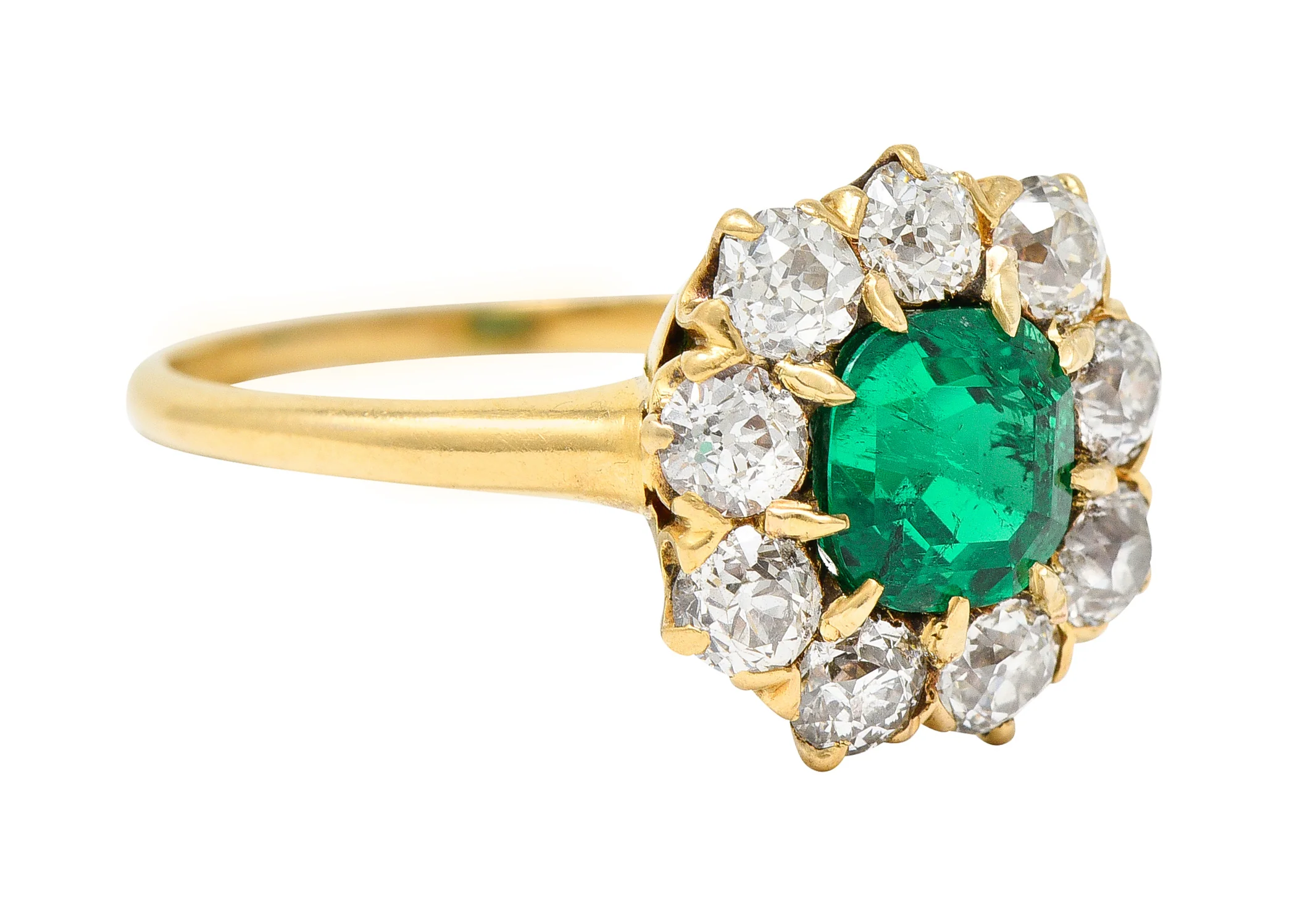Victorian 2.11 CTW Cushion Cut Colombian Emerald Old European Cut Diamond 18 Karat Yellow Gold Cluster Ring GIA - Image 2