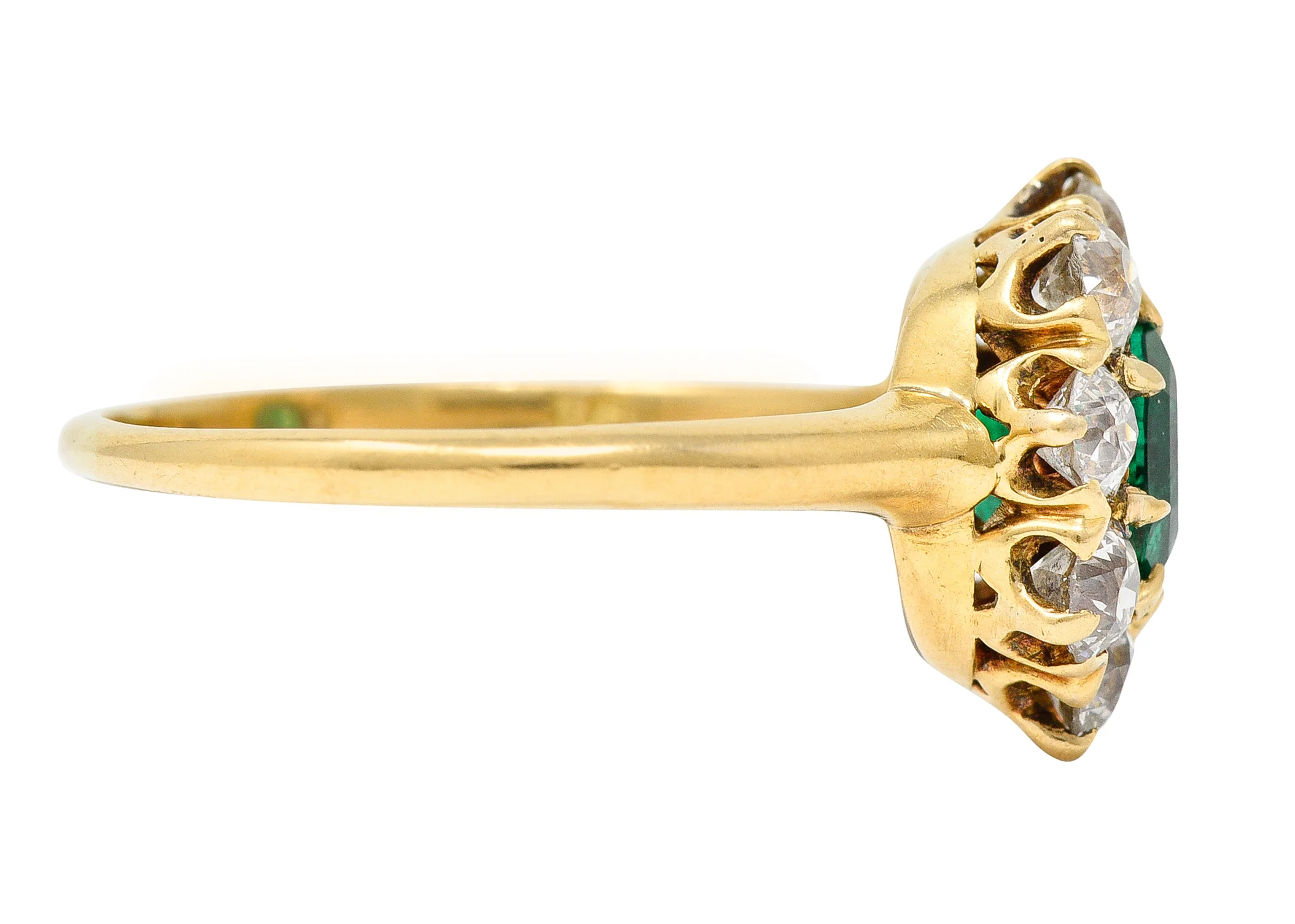 Victorian 2.11 CTW Cushion Cut Colombian Emerald Old European Cut Diamond 18 Karat Yellow Gold Cluster Ring GIA - Image 3