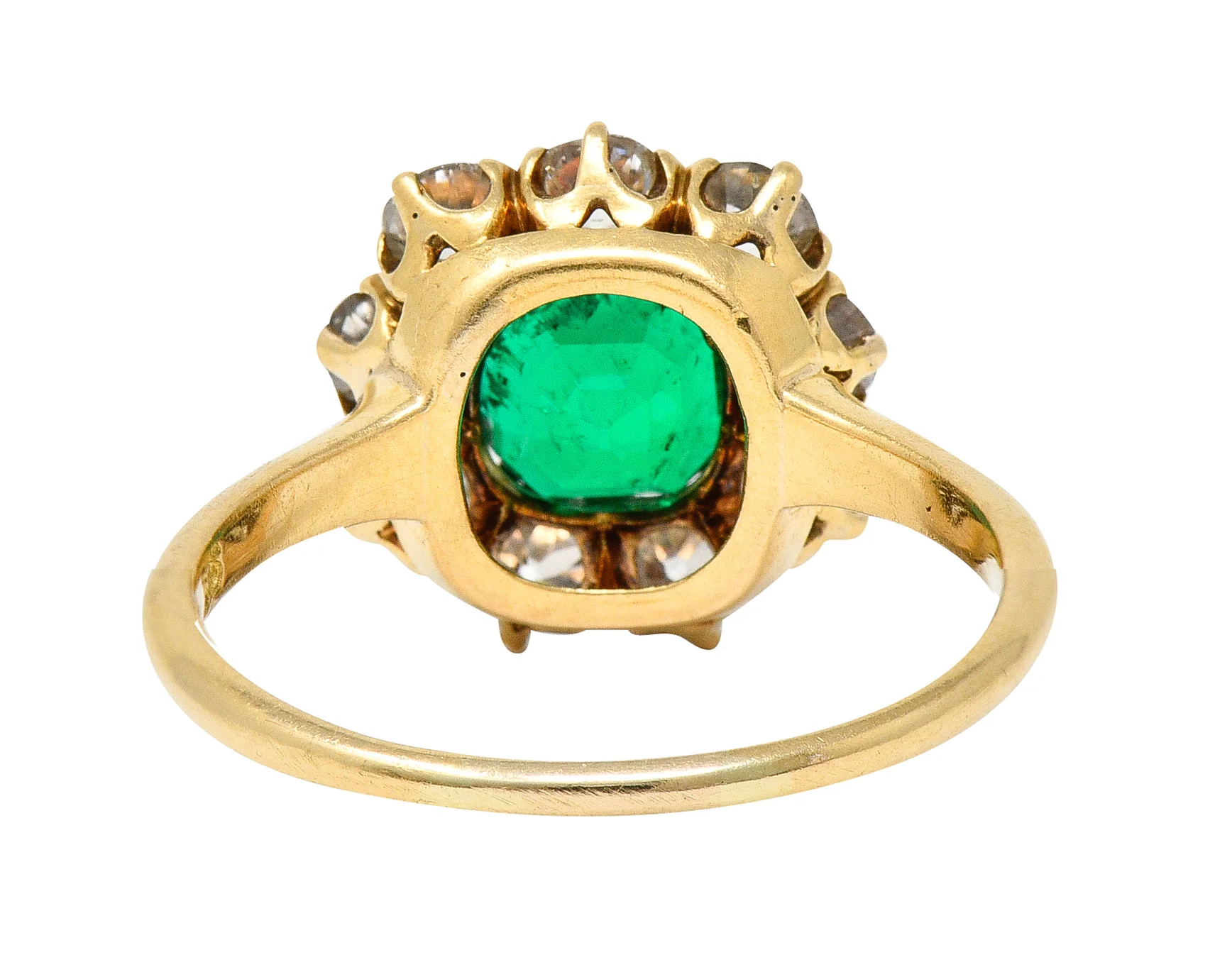 Victorian 2.11 CTW Cushion Cut Colombian Emerald Old European Cut Diamond 18 Karat Yellow Gold Cluster Ring GIA - Image 4