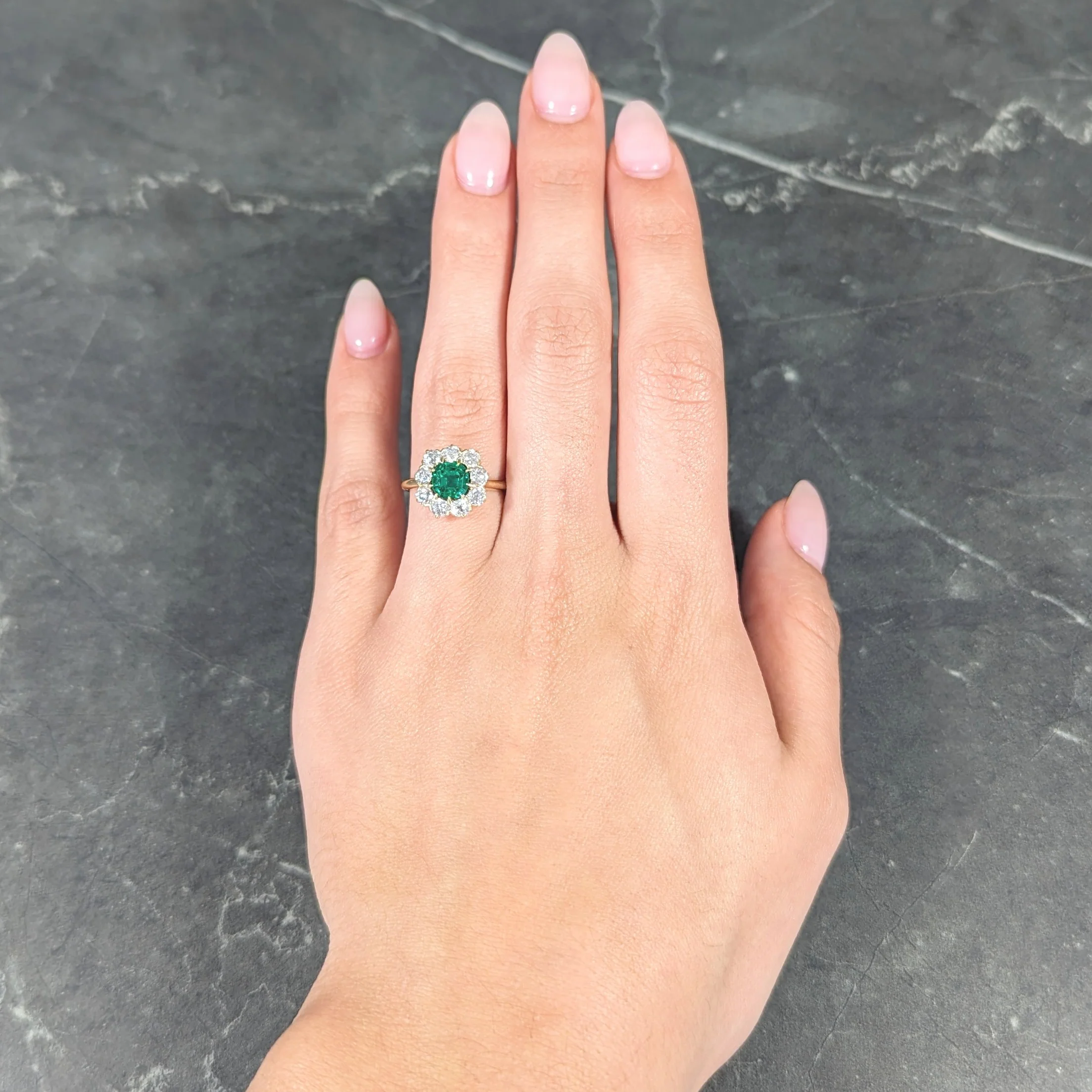 Victorian 2.11 CTW Cushion Cut Colombian Emerald Old European Cut Diamond 18 Karat Yellow Gold Cluster Ring GIA - Image 9