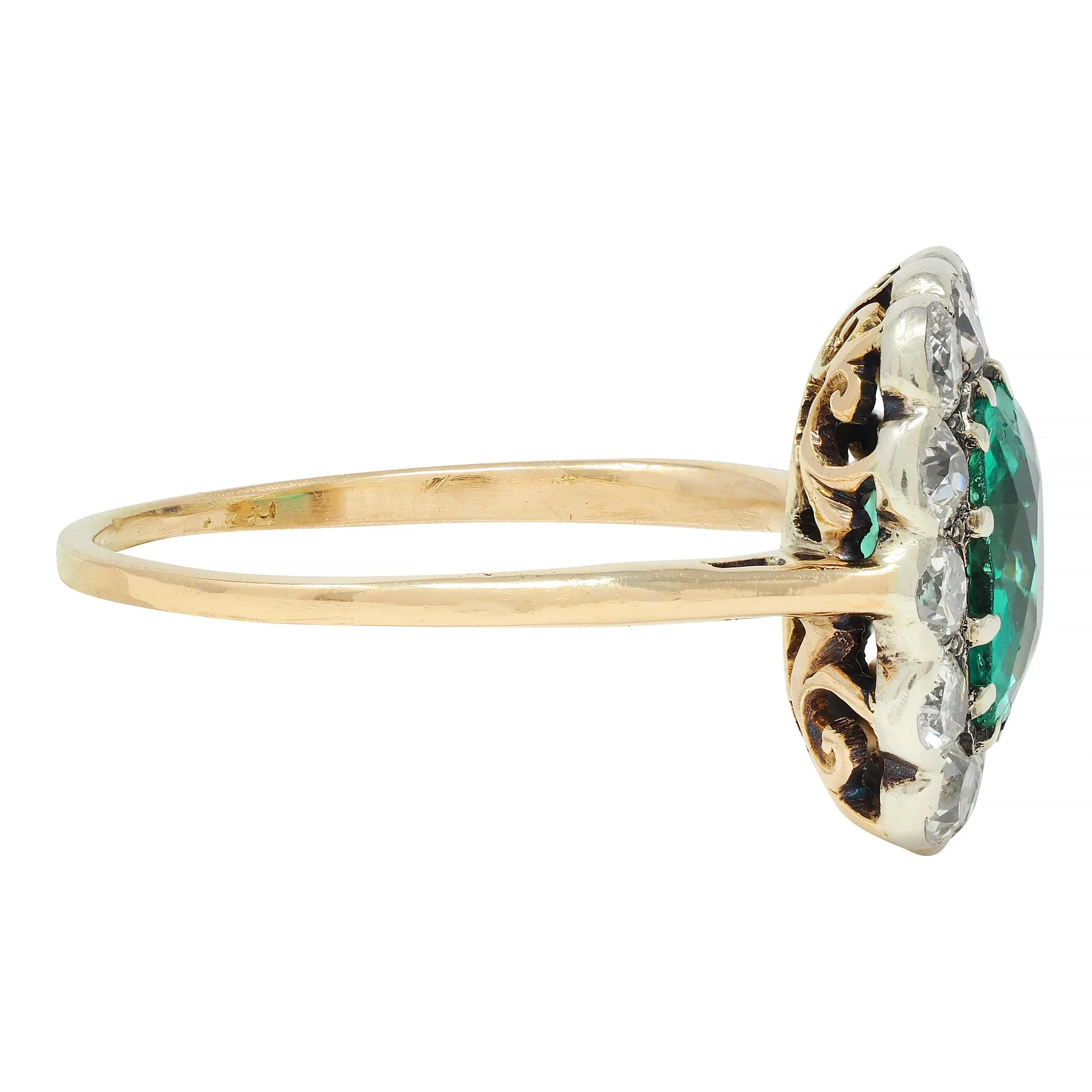 Victorian 2.15 CTW Colombian No Oil Emerald Diamond Silver 14 Karat Gold Antique Halo Ring GIA - Image 4