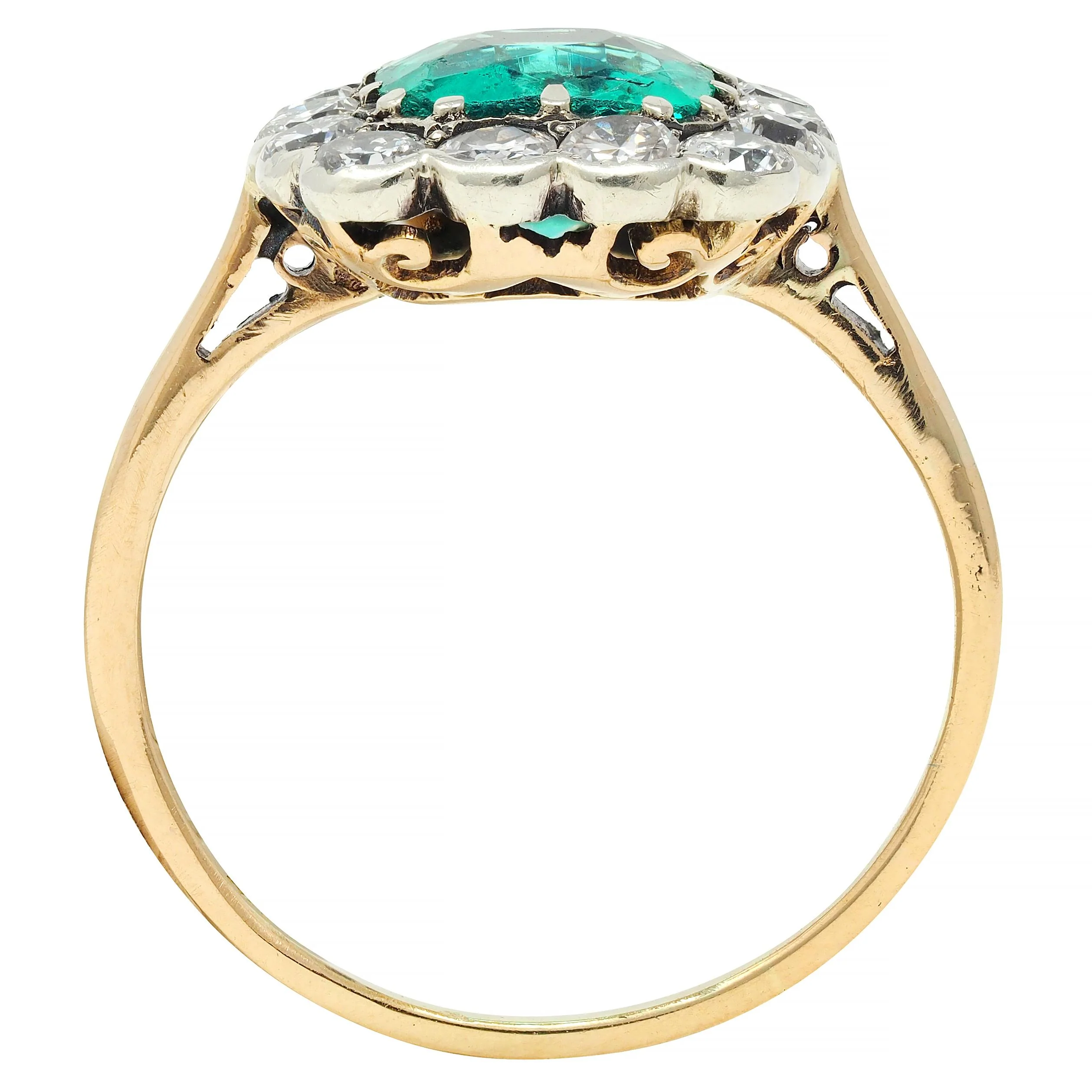 Victorian 2.15 CTW Colombian No Oil Emerald Diamond Silver 14 Karat Gold Antique Halo Ring GIA - Image 9