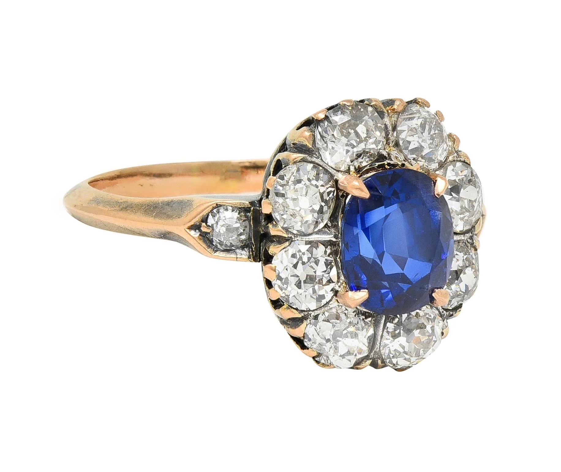 Victorian 2.18 CTW No Heat Burma Sapphire Diamond 18 Karat Rose Gold Antique Halo Ring AGL - Image 2