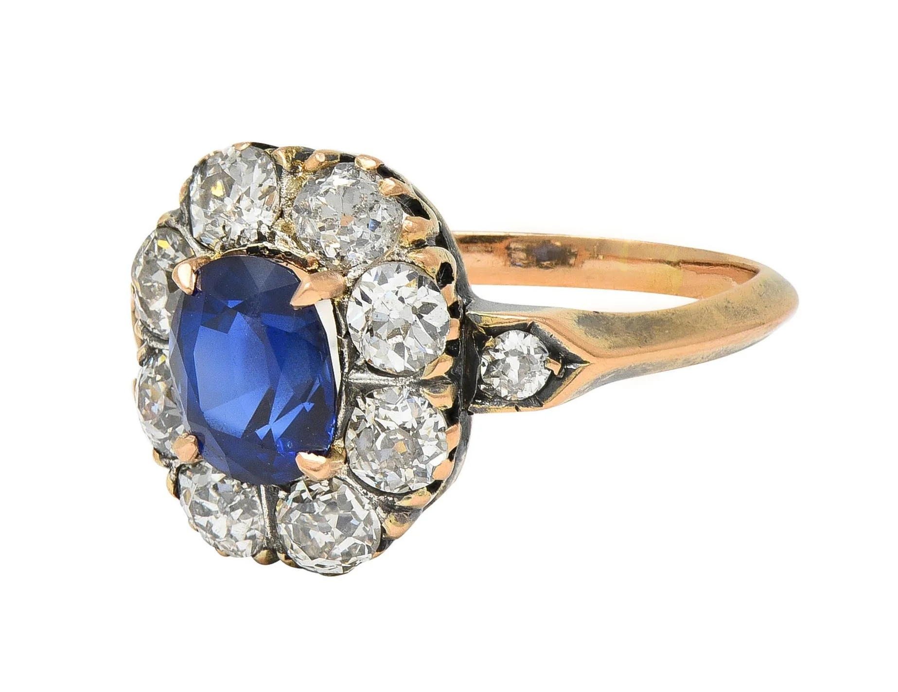 Victorian 2.18 CTW No Heat Burma Sapphire Diamond 18 Karat Rose Gold Antique Halo Ring AGL - Image 7