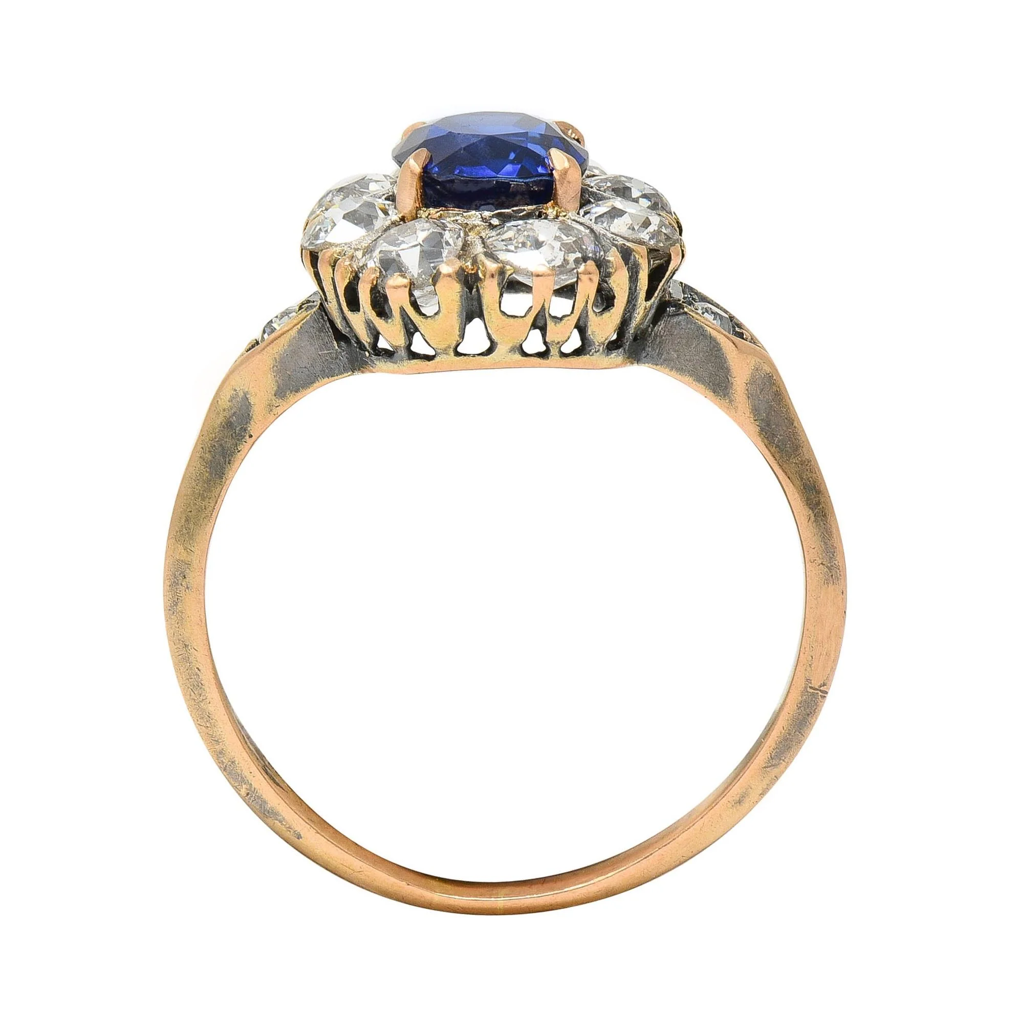 Victorian 2.18 CTW No Heat Burma Sapphire Diamond 18 Karat Rose Gold Antique Halo Ring AGL - Image 9
