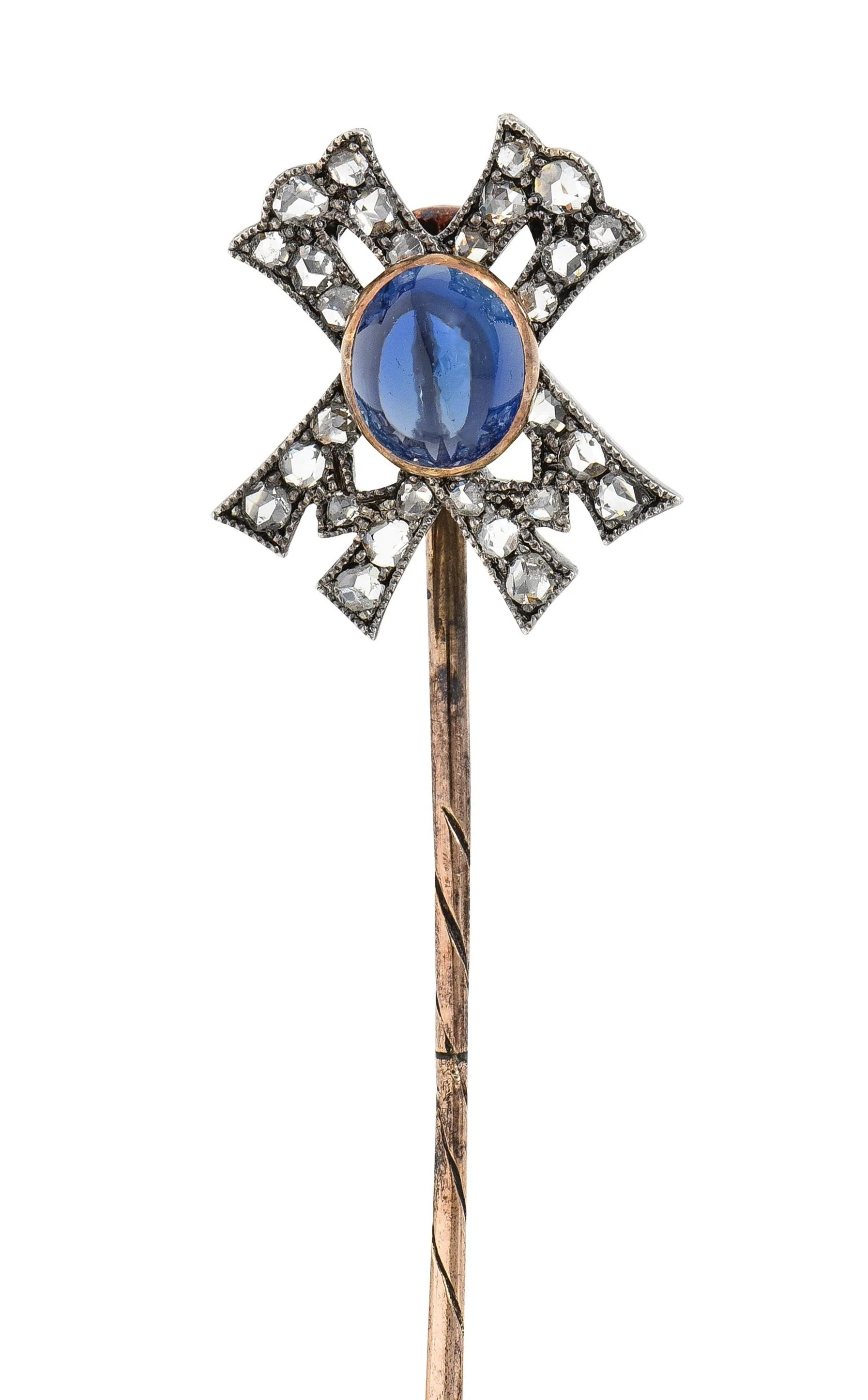Victorian 2.35 CTW Sapphire Diamond Silver-Topped 14 Karat Rose Gold Antique X Stickpin - Image 8