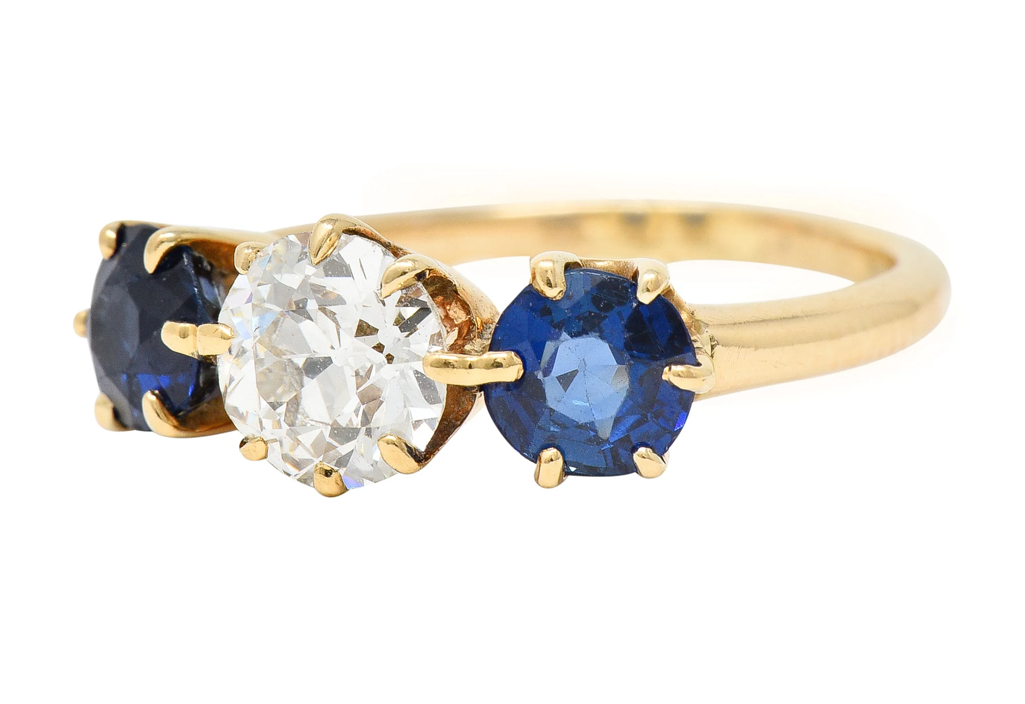 Victorian 2.37 CTW Old European Cut Diamond Sapphire 14 Karat Yellow Gold Antique Three Stone Ring - Image 6