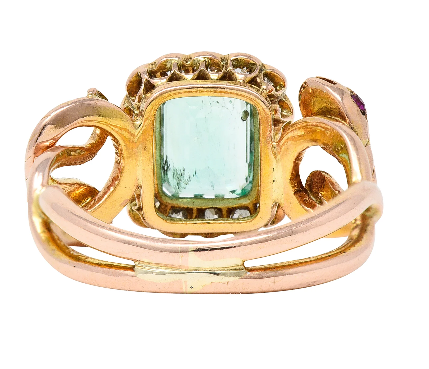 Victorian 2.46 CTW Emerald Old Mine Cut Diamond 18 Karat Rose Gold Snake Antique Halo Ring - Image 4