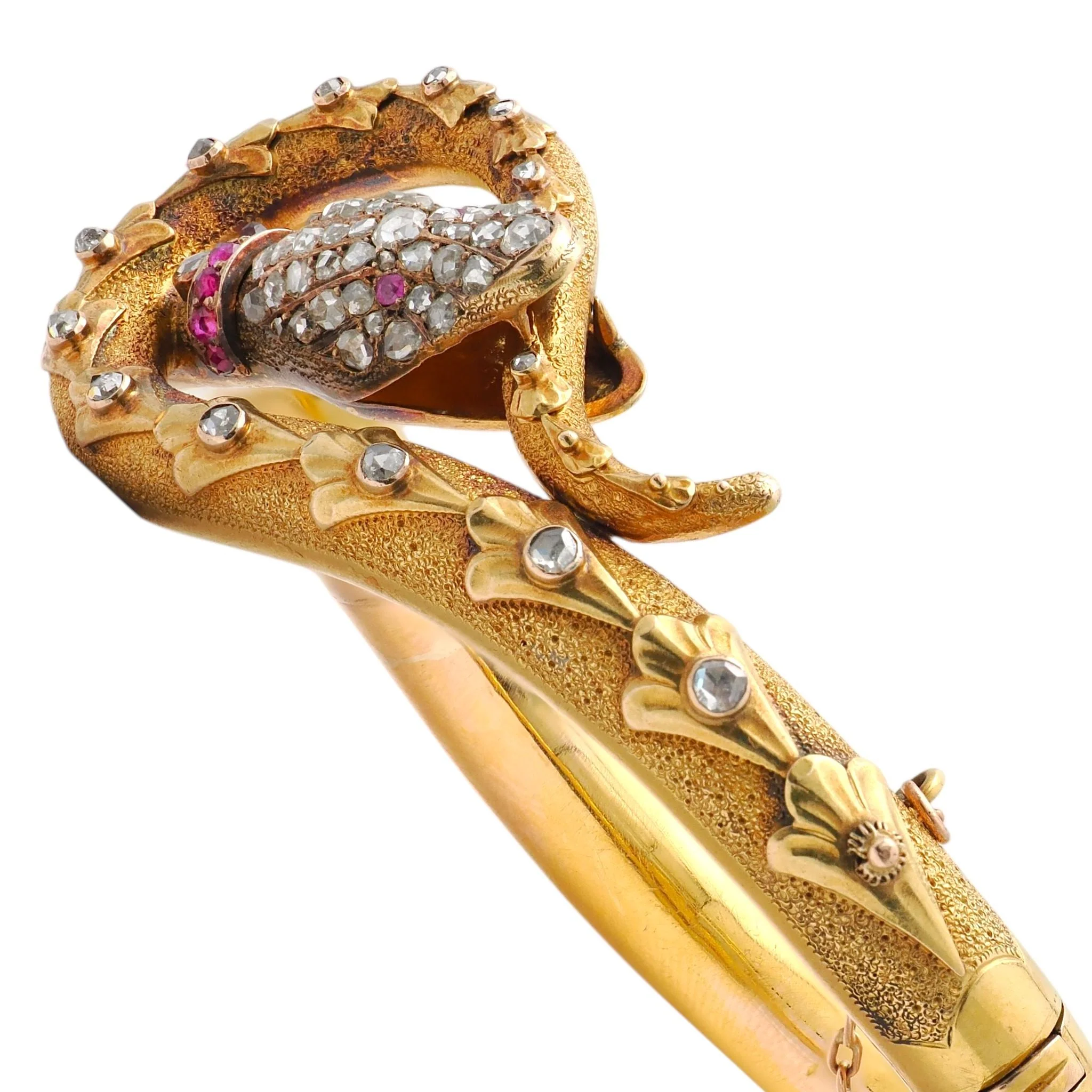 Victorian Diamond Ruby 14 Karat Yellow Gold Antique Snake Bangle Bracelet - Image 3