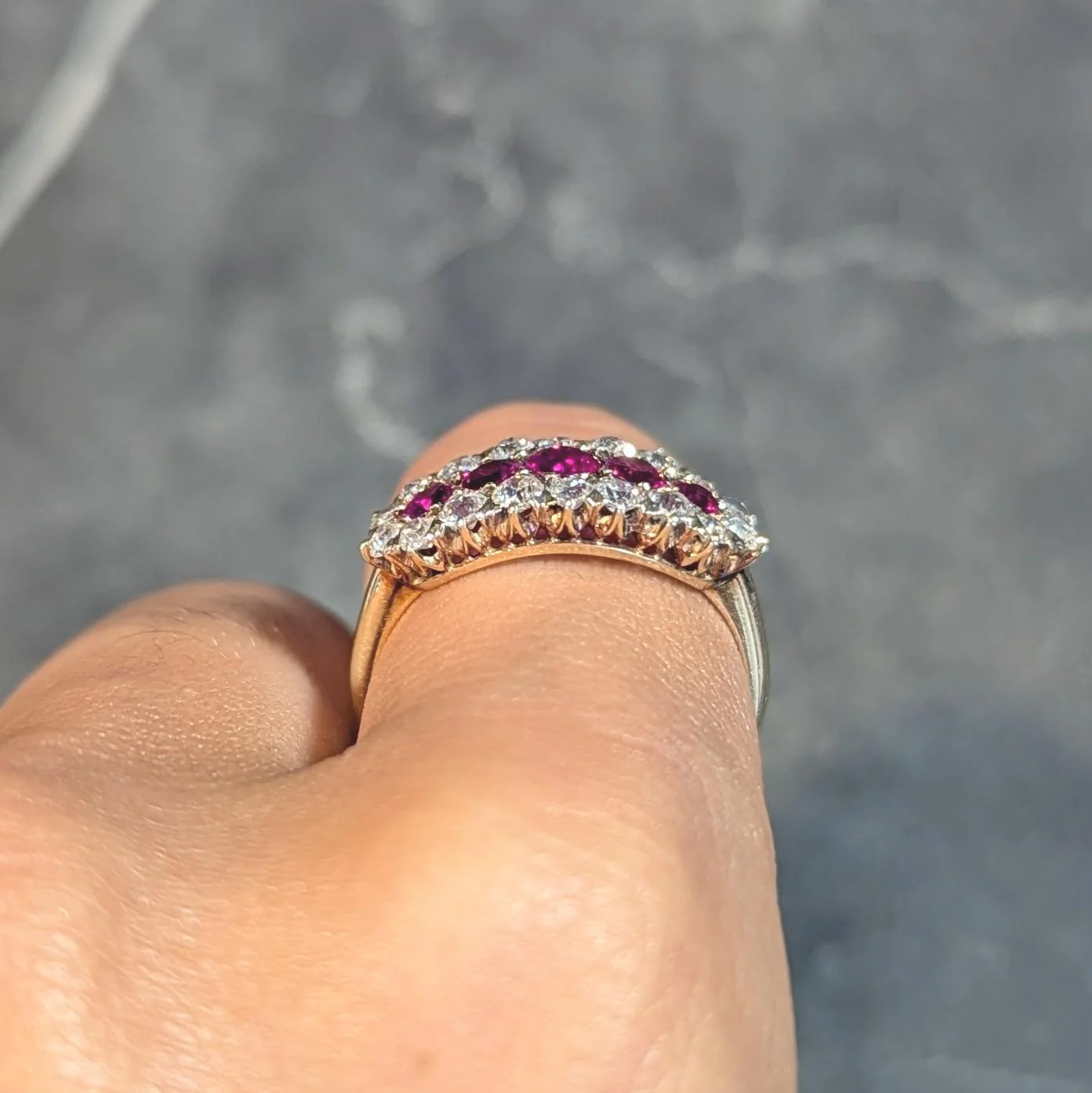 Victorian 2.59 CTW Ruby Diamond 14 Karat Yellow Gold Antique Clustered Band Ring - Image 13