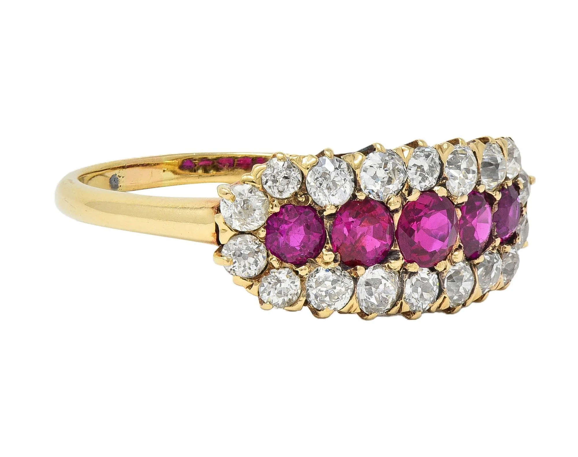Victorian 2.59 CTW Ruby Diamond 14 Karat Yellow Gold Antique Clustered Band Ring - Image 3