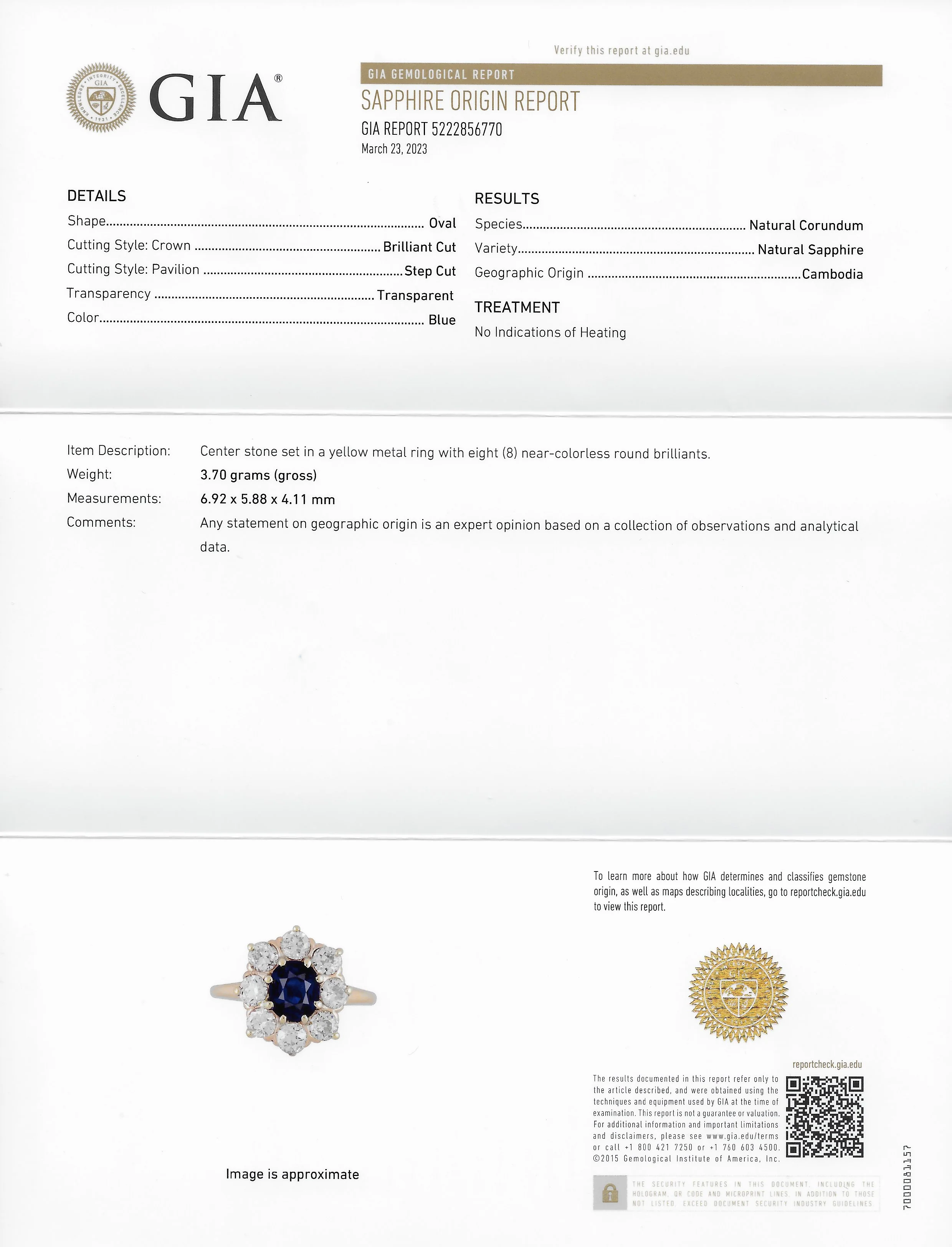 Victorian 2.64 CTW Oval Cut No Heat Sapphire Old European Cut Diamond 14 Karat Yellow Gold Antique Cluster Ring GIA - Image 13