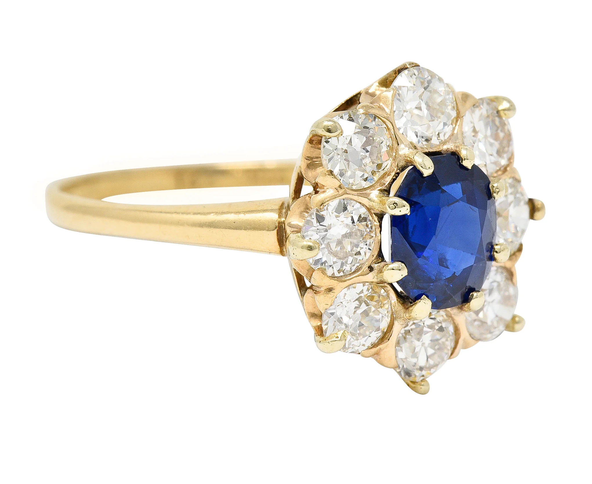 Victorian 2.64 CTW Oval Cut No Heat Sapphire Old European Cut Diamond 14 Karat Yellow Gold Antique Cluster Ring GIA - Image 2