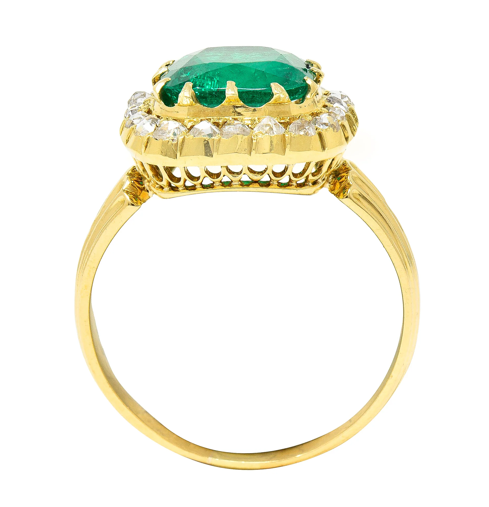 Victorian 2.78 CTW Cushion Cut Colombian Emerald Diamond 18 Karat Yellow Gold Antique Halo Ring AGL - Image 10