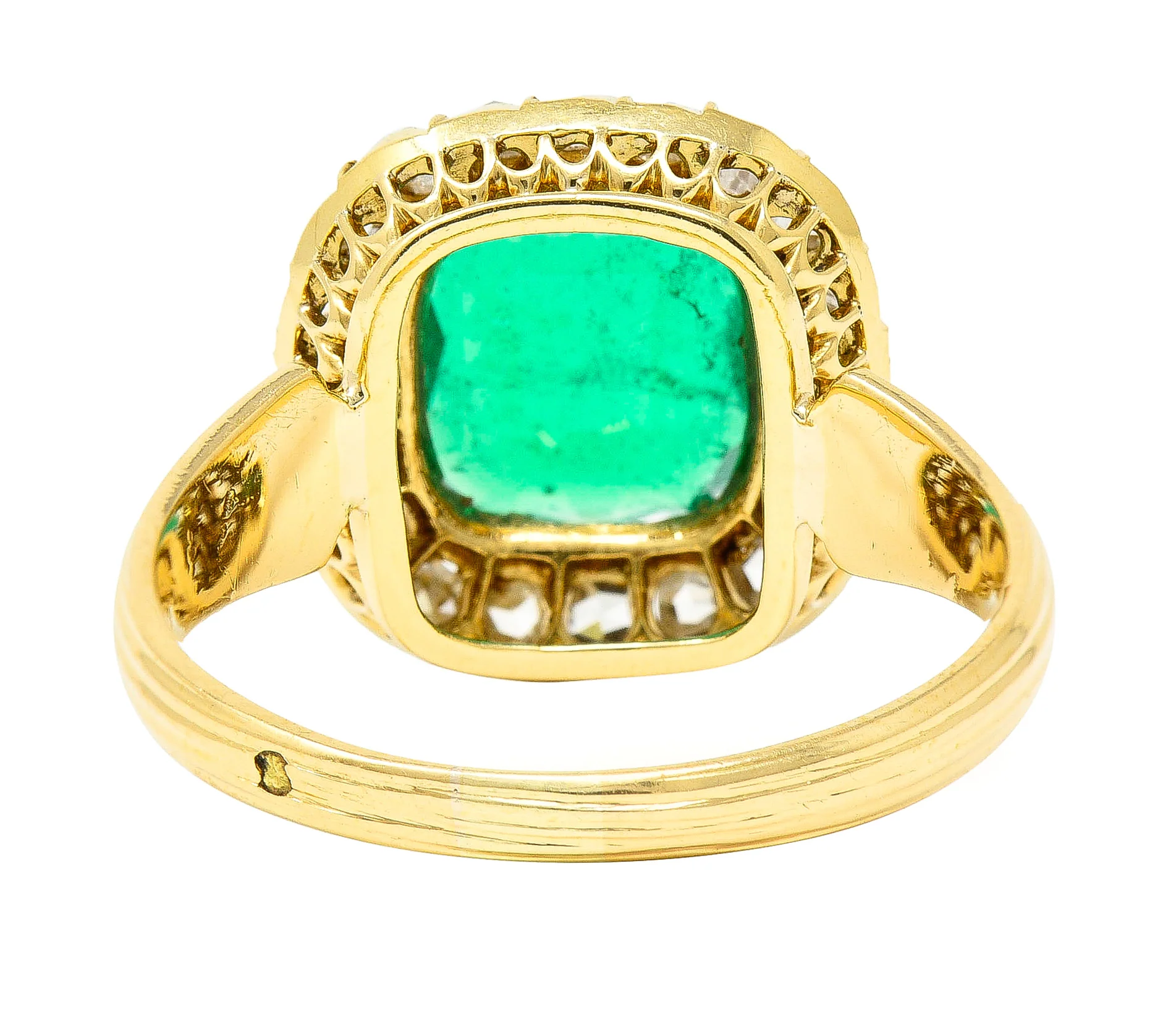 Victorian 2.78 CTW Cushion Cut Colombian Emerald Diamond 18 Karat Yellow Gold Antique Halo Ring AGL - Image 5