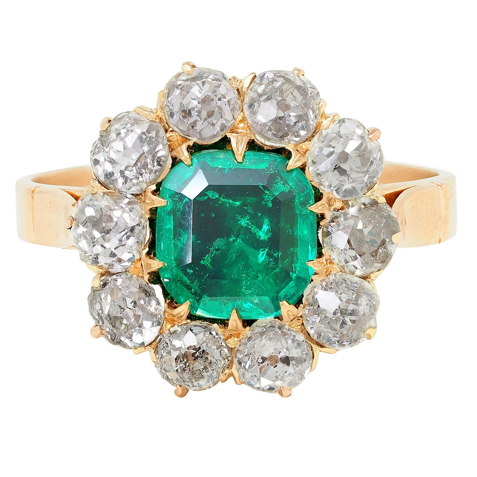 Victorian 2.79 CTW Colombian Emerald Diamond 14 Karat Yellow Gold Antique Halo Ring GIA
