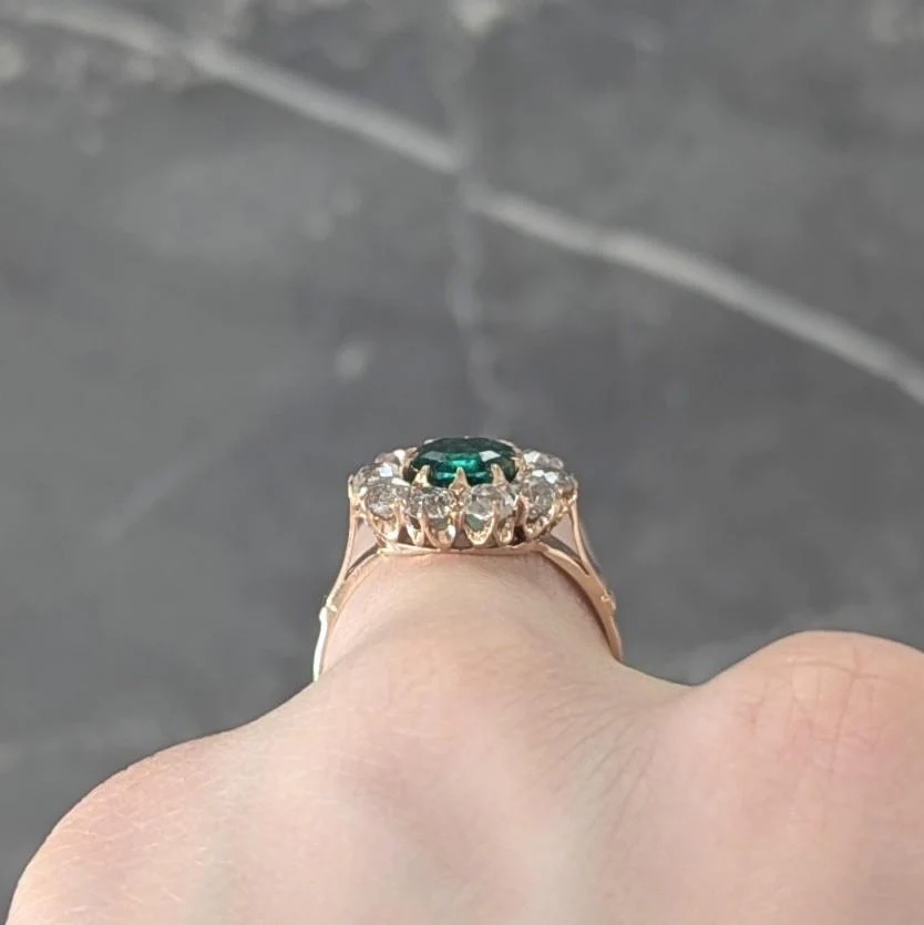 Victorian 2.79 CTW Colombian Emerald Diamond 14 Karat Yellow Gold Antique Halo Ring GIA - Image 8