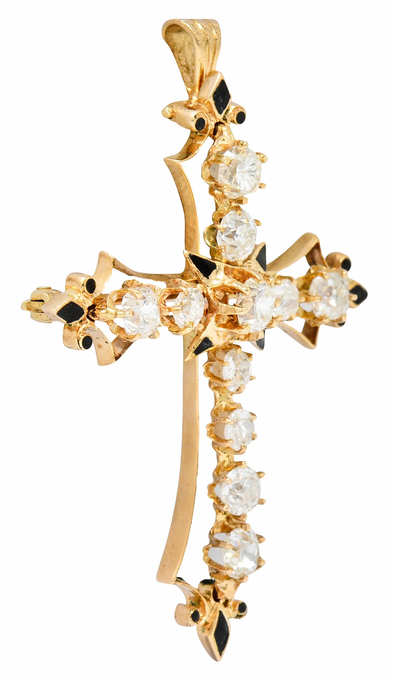 Victorian 2.85 CTW Diamond Enamel 14 Karat Gold Cross Pendant Brooch - Image 3