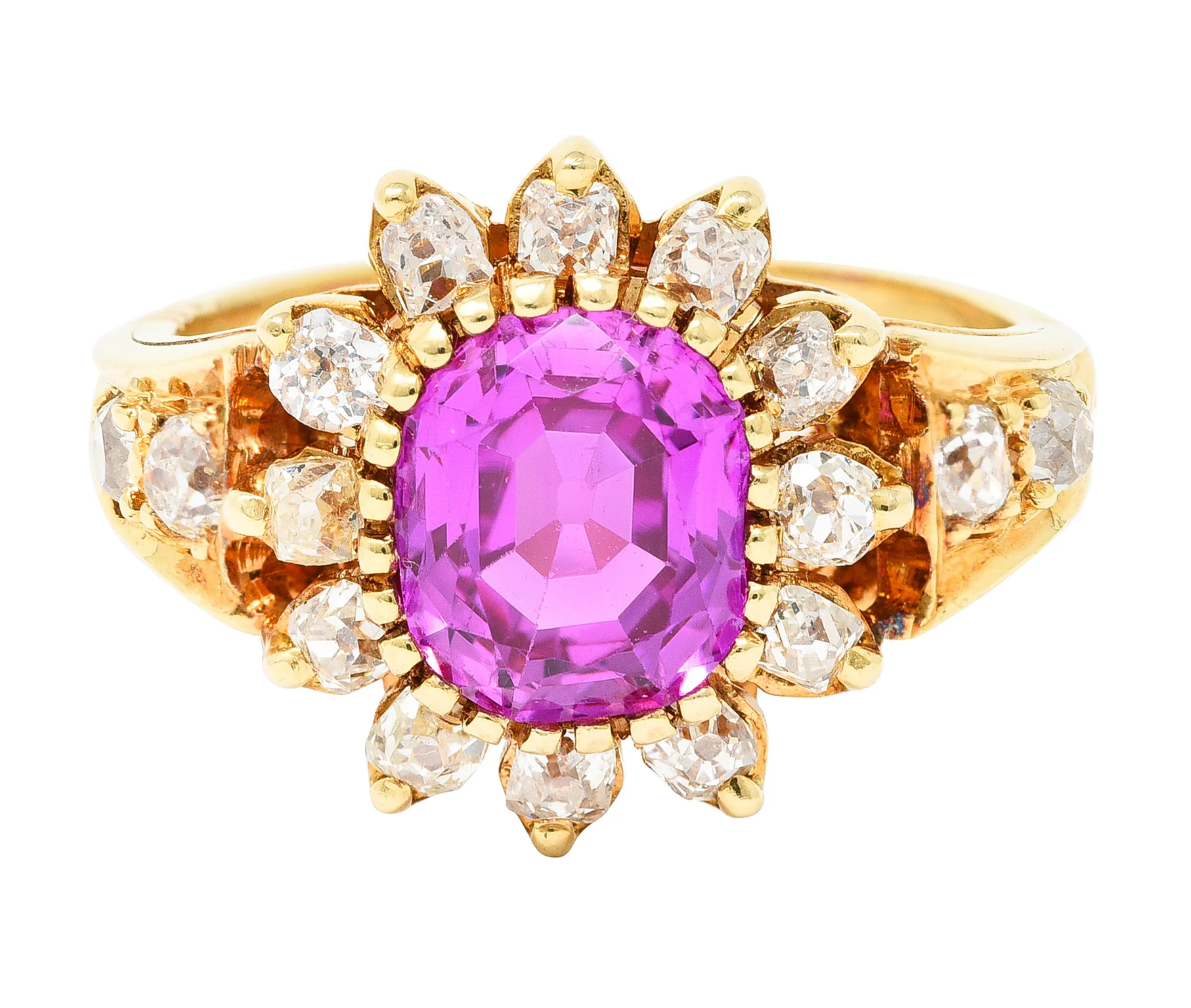 Victorian 2.94 CTW Cushion Cut No-Heat Pink Burma Sapphire Old Mine Cut Diamond 14 Karat Yellow Gold Burst Antique Cluster Ring GIA