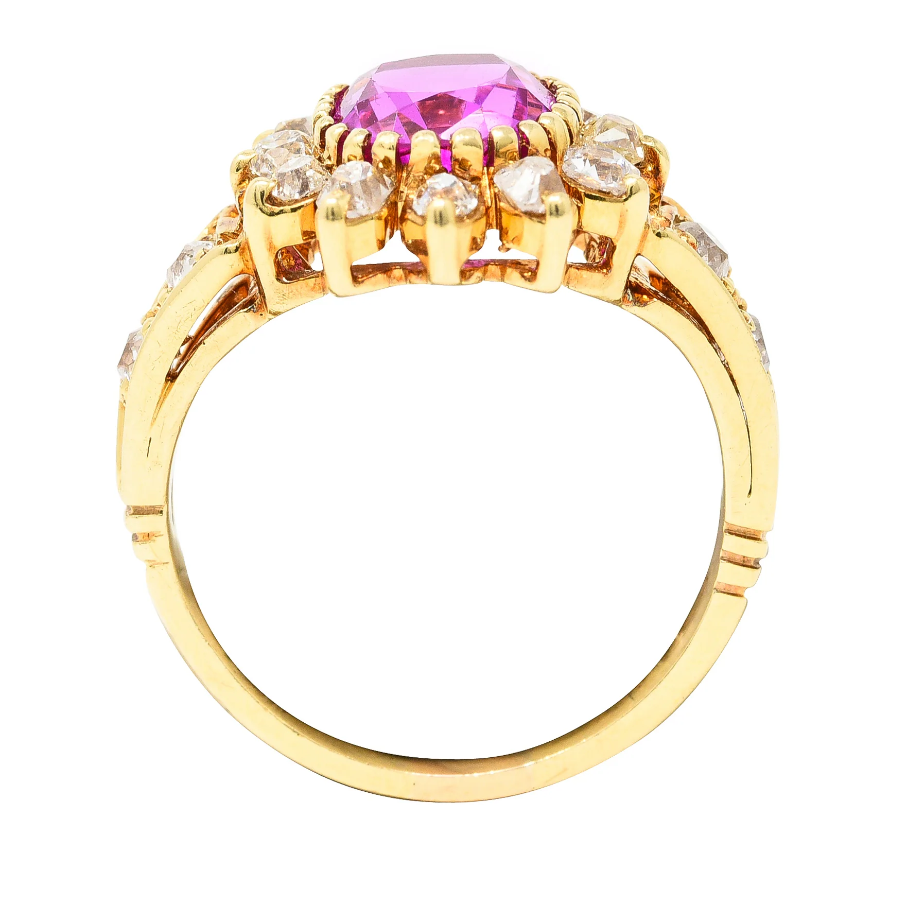 Victorian 2.94 CTW Cushion Cut No-Heat Pink Burma Sapphire Old Mine Cut Diamond 14 Karat Yellow Gold Burst Antique Cluster Ring GIA - Image 10