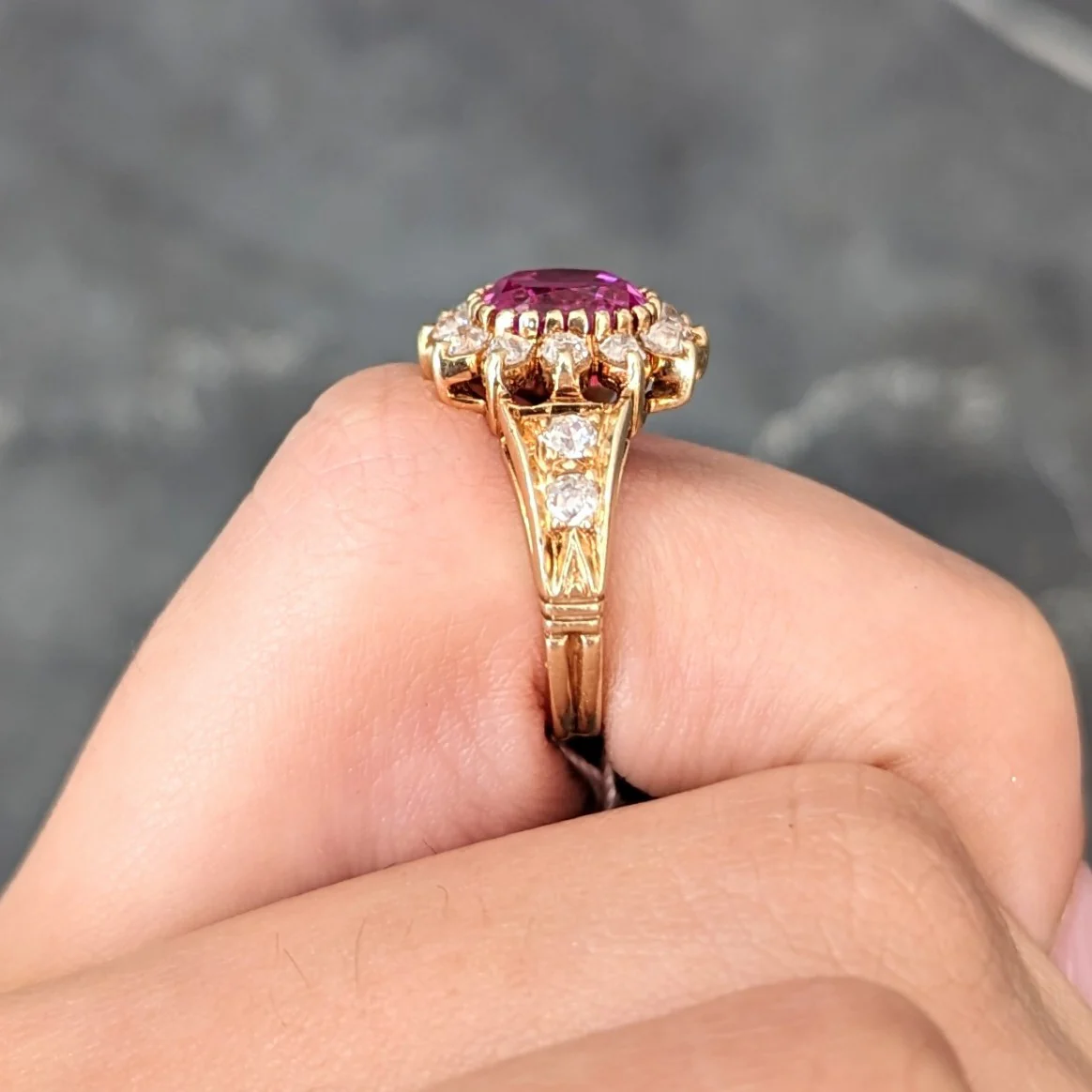Victorian 2.94 CTW Cushion Cut No-Heat Pink Burma Sapphire Old Mine Cut Diamond 14 Karat Yellow Gold Burst Antique Cluster Ring GIA - Image 16