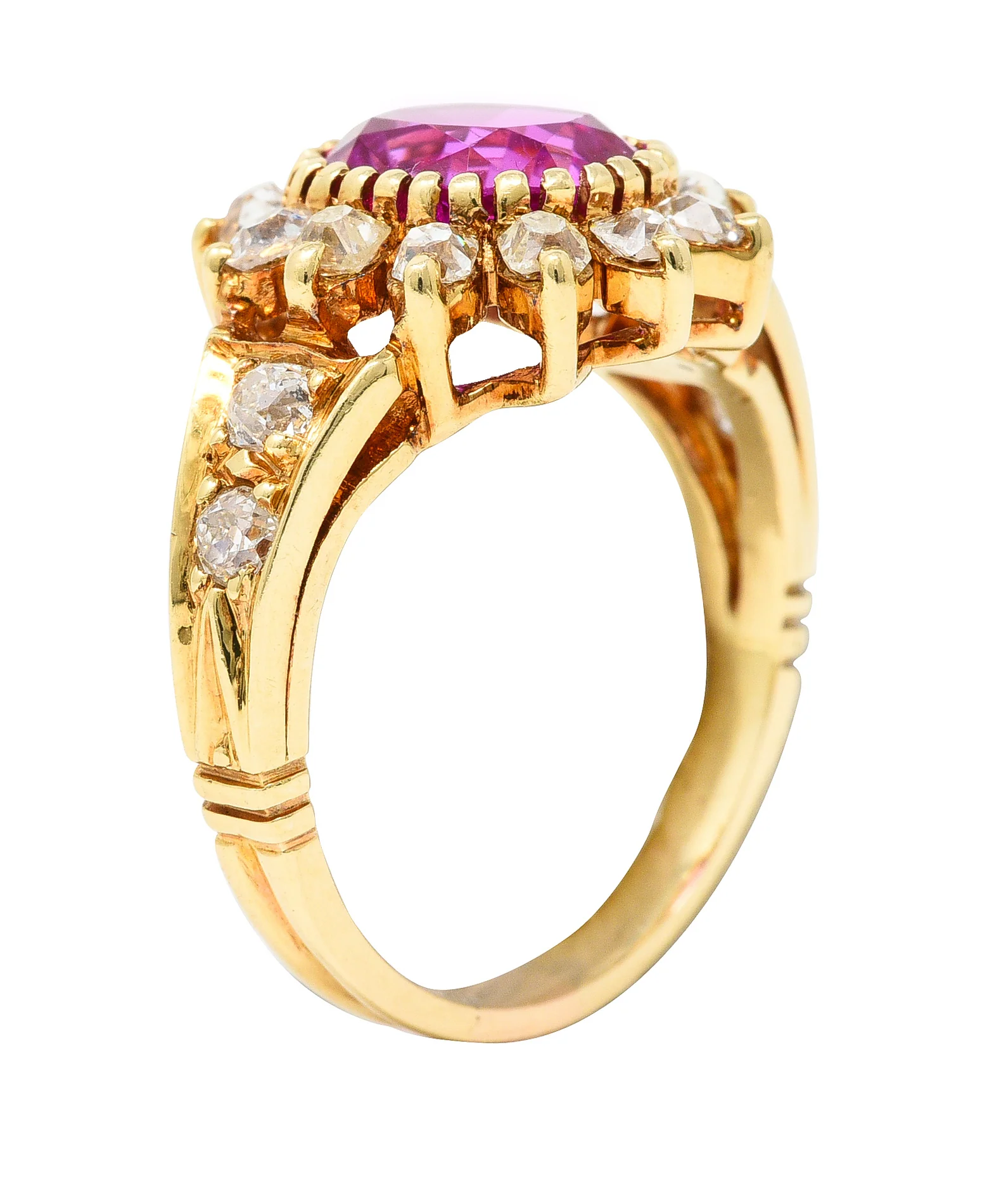 Victorian 2.94 CTW Cushion Cut No-Heat Pink Burma Sapphire Old Mine Cut Diamond 14 Karat Yellow Gold Burst Antique Cluster Ring GIA - Image 2