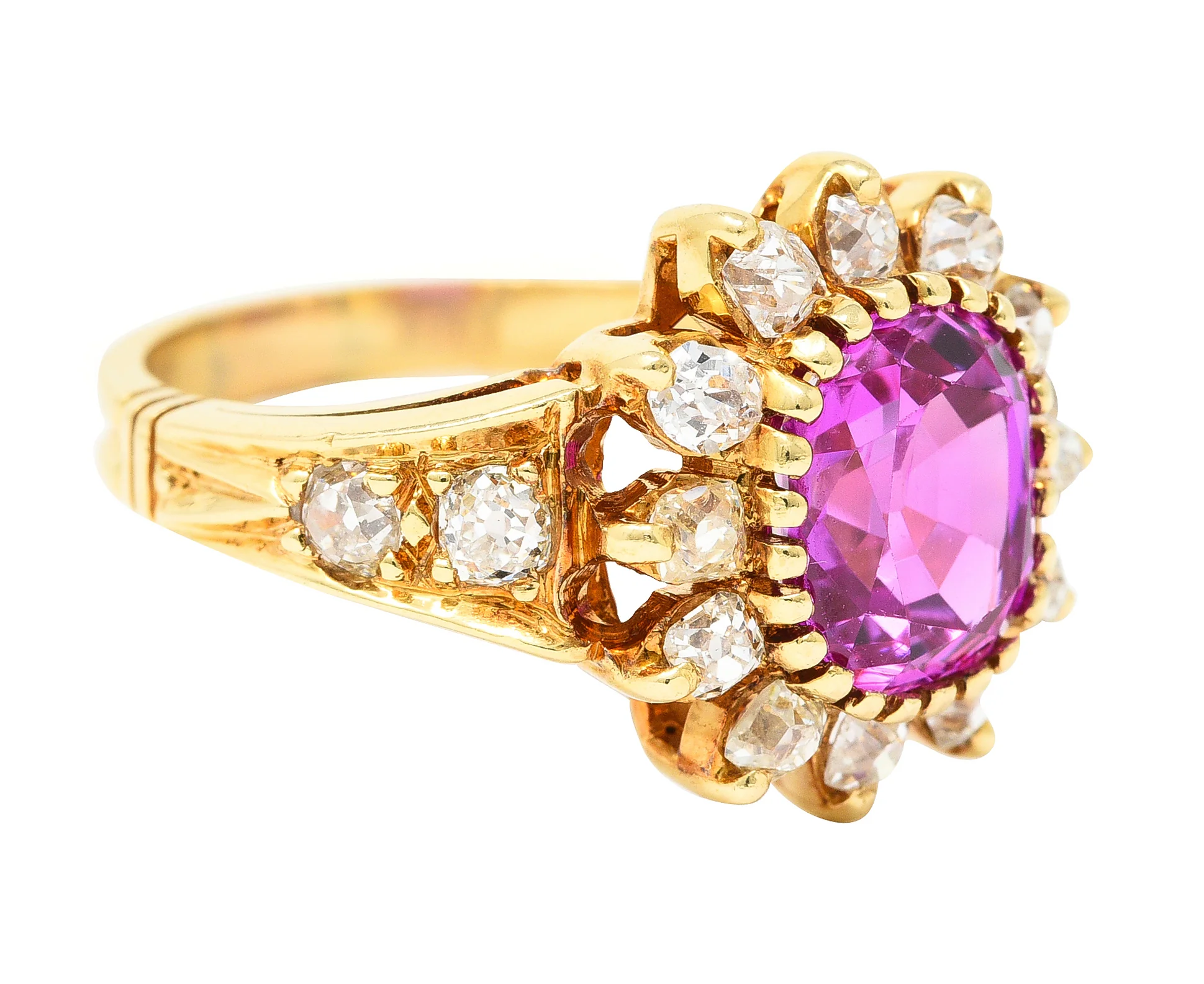 Victorian 2.94 CTW Cushion Cut No-Heat Pink Burma Sapphire Old Mine Cut Diamond 14 Karat Yellow Gold Burst Antique Cluster Ring GIA - Image 3
