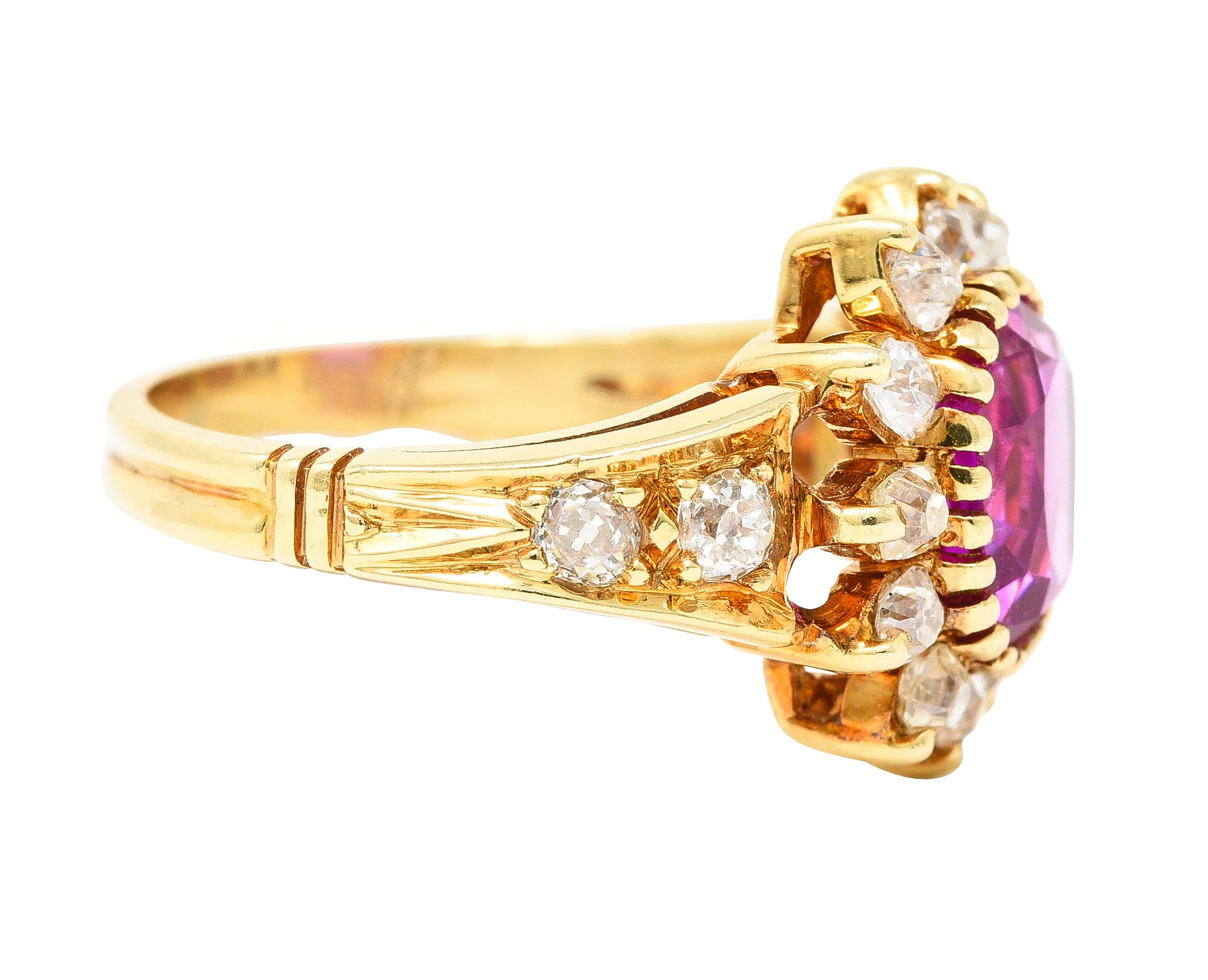 Victorian 2.94 CTW Cushion Cut No-Heat Pink Burma Sapphire Old Mine Cut Diamond 14 Karat Yellow Gold Burst Antique Cluster Ring GIA - Image 4