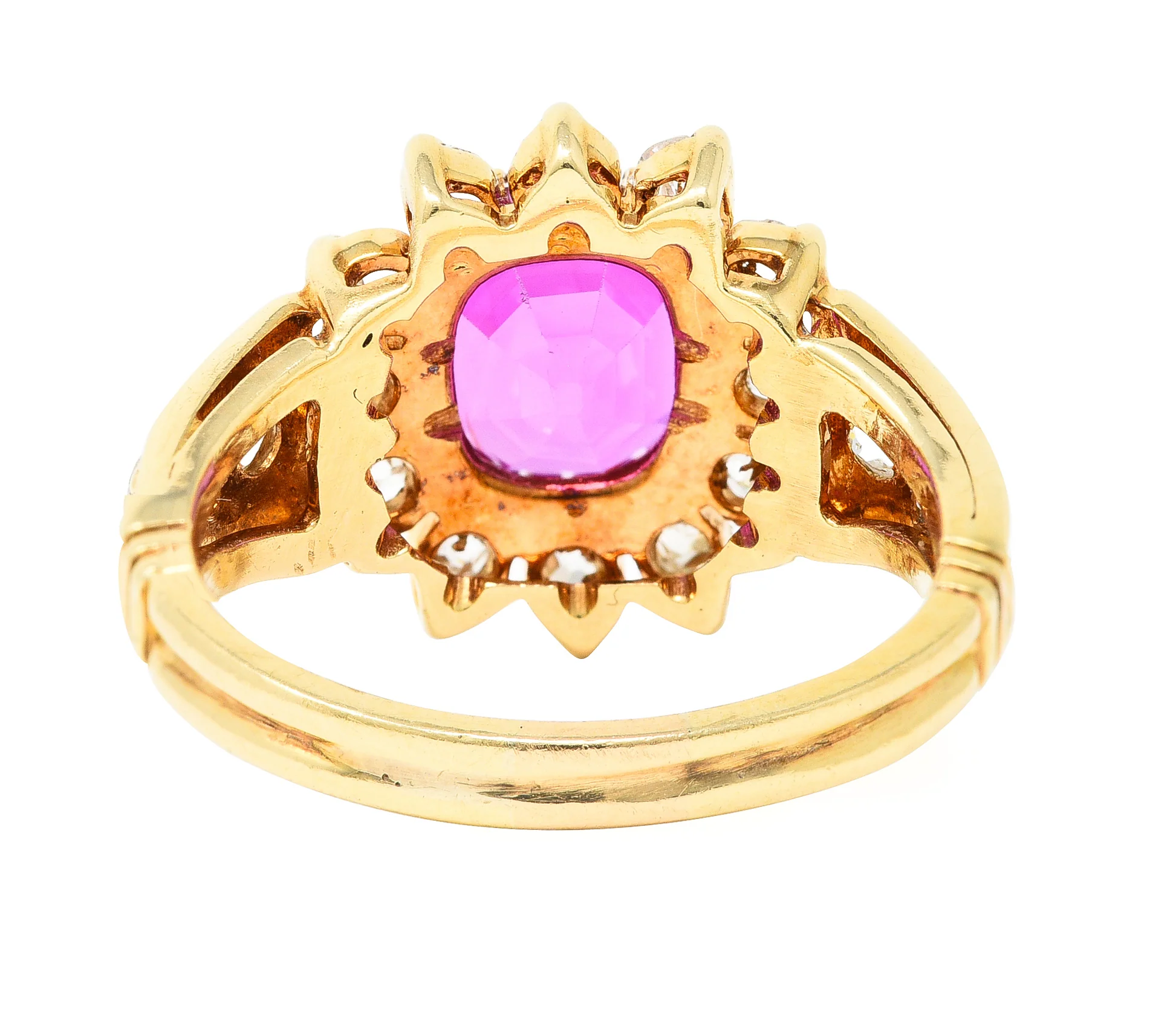 Victorian 2.94 CTW Cushion Cut No-Heat Pink Burma Sapphire Old Mine Cut Diamond 14 Karat Yellow Gold Burst Antique Cluster Ring GIA - Image 5