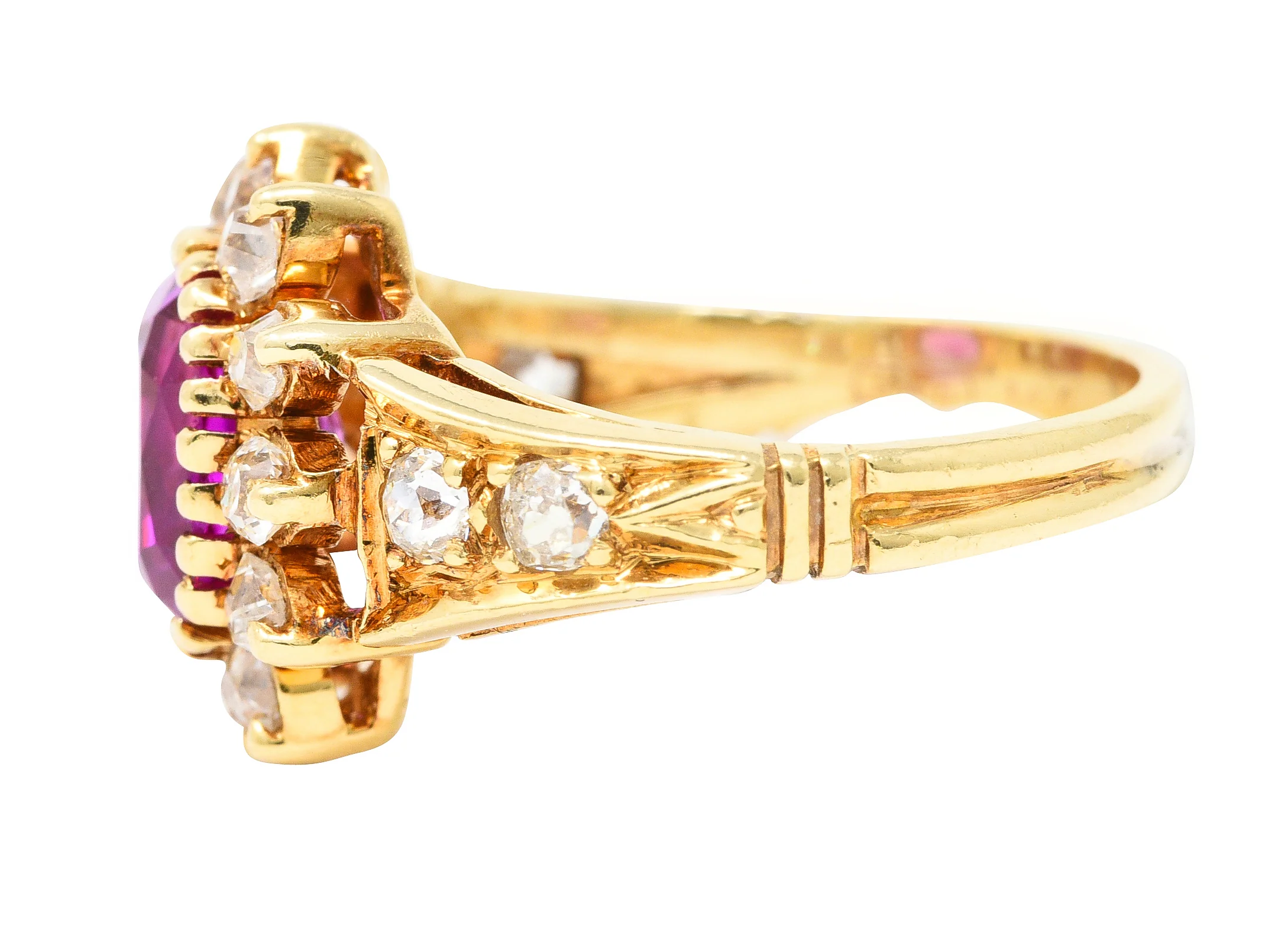 Victorian 2.94 CTW Cushion Cut No-Heat Pink Burma Sapphire Old Mine Cut Diamond 14 Karat Yellow Gold Burst Antique Cluster Ring GIA - Image 6