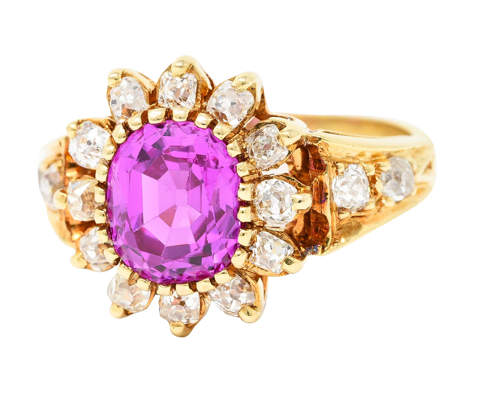 Victorian 2.94 CTW Cushion Cut No-Heat Pink Burma Sapphire Old Mine Cut Diamond 14 Karat Yellow Gold Burst Antique Cluster Ring GIA - Image 7