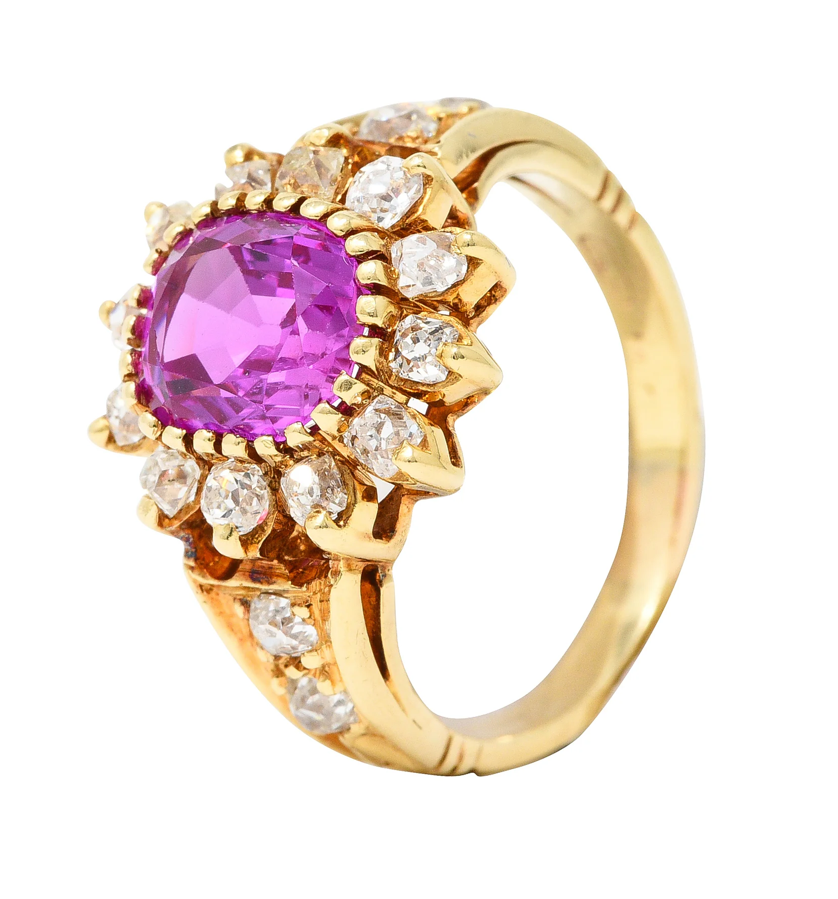 Victorian 2.94 CTW Cushion Cut No-Heat Pink Burma Sapphire Old Mine Cut Diamond 14 Karat Yellow Gold Burst Antique Cluster Ring GIA - Image 9