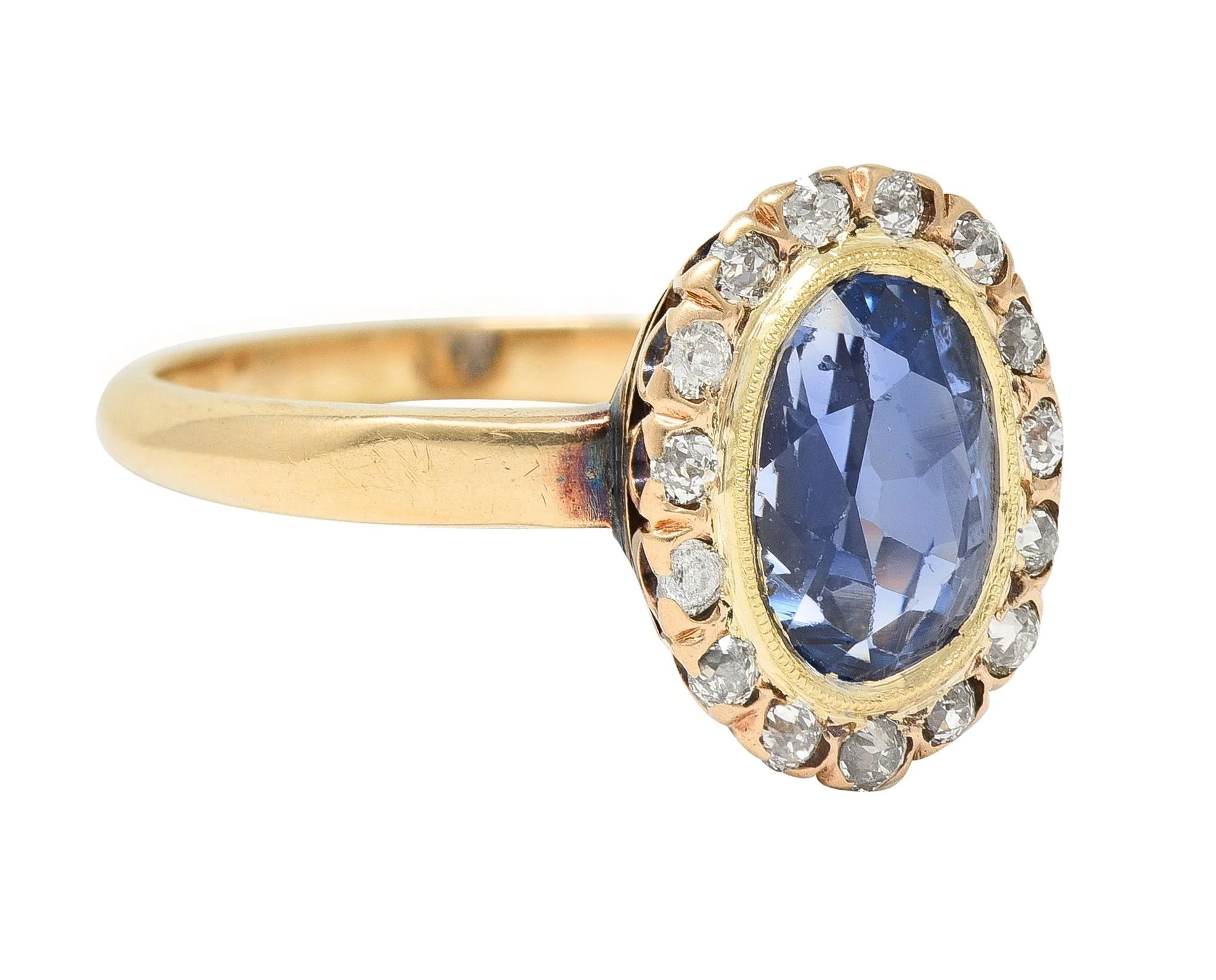 Victorian 2.95 CTW No Heat Ceylon Sapphire Diamond 14 Karat Gold Antique Halo Ring GIA - Image 3