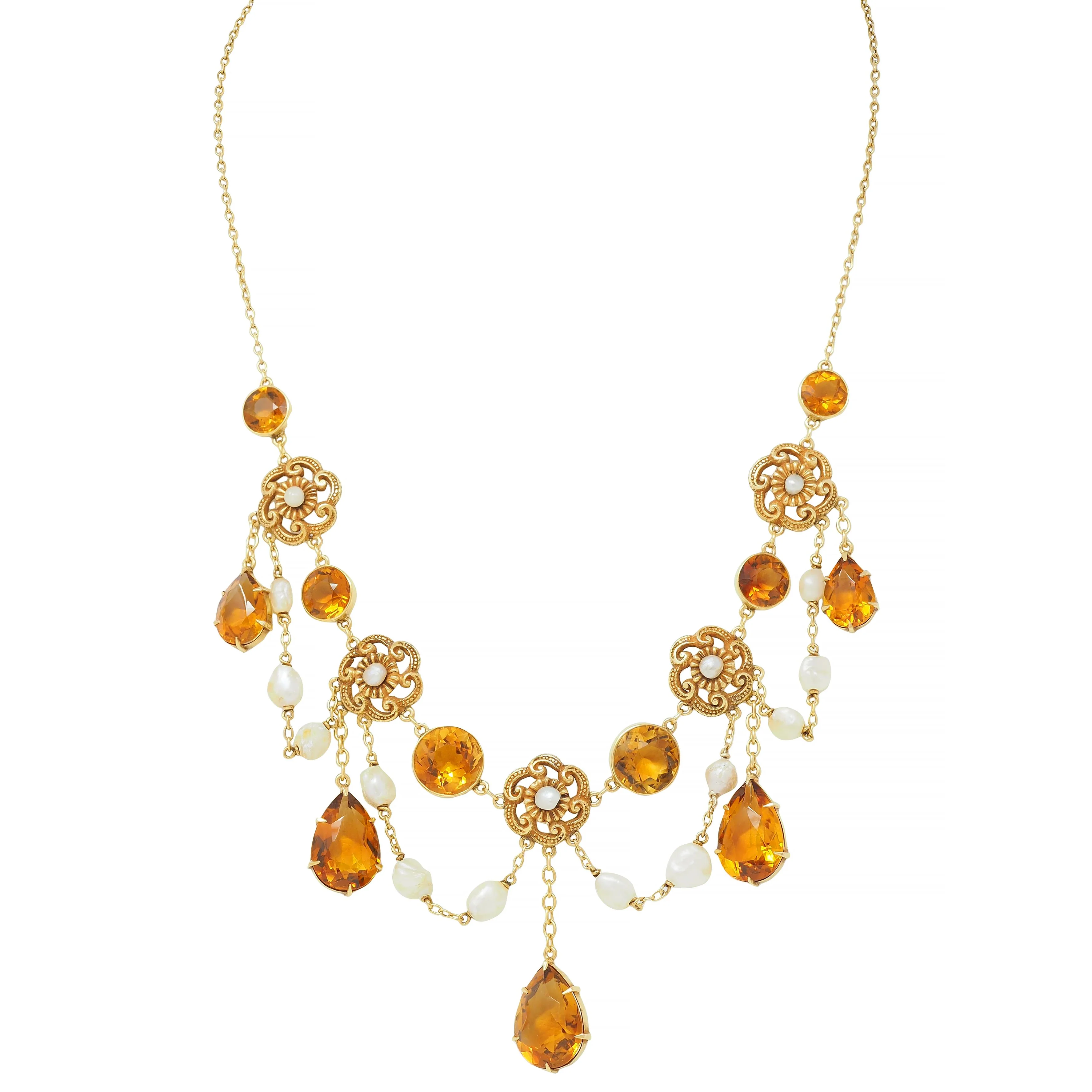 Victorian 23.72 CTW Citrine Pearl 14 Karat Yellow Gold Swagged Antique Station Necklace